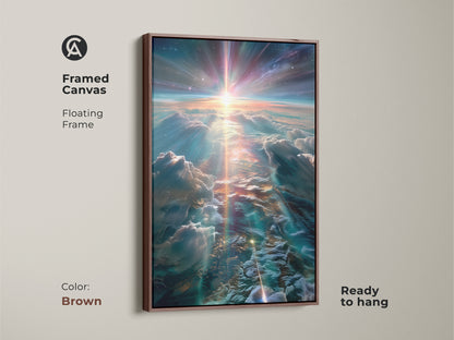 Framed canvas art featuring clouds and a radiant cosmic sky. The floating frame adds sophistication. This ready-to-hang artwork is perfect for any room. The brown frame complements the celestial scene.