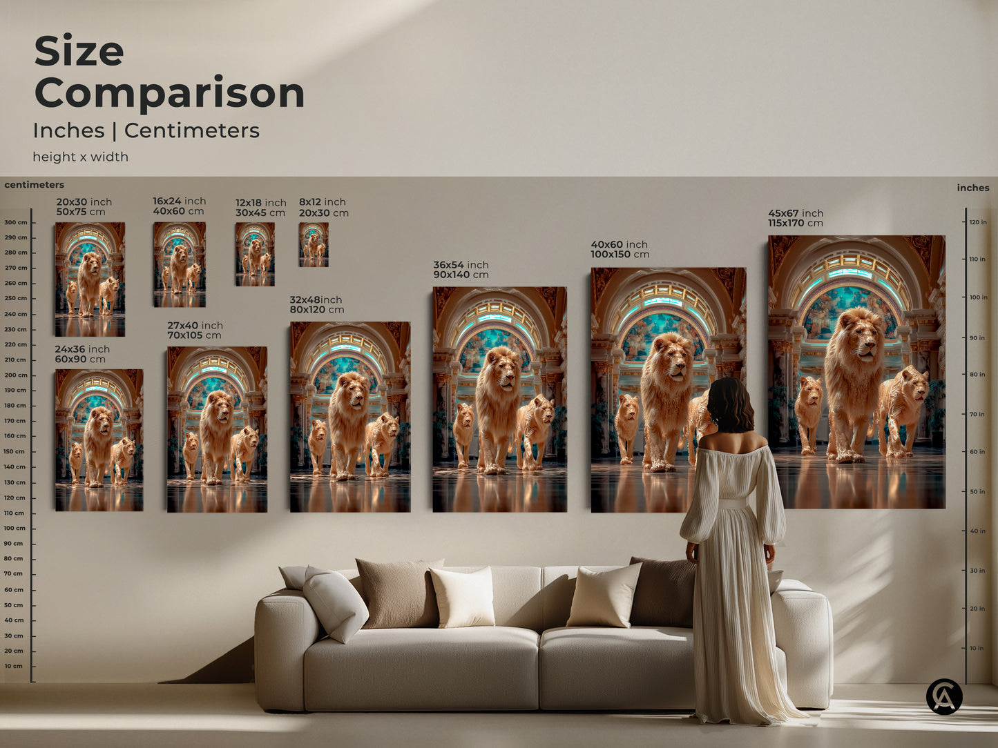 Compare sizes of the lion family artwork in inches and centimeters. Visualize the art above a sofa to gauge impact. See how different sizes fit various rooms. This photorealistic art makes a statement. This regal lioness artwork will provide a luxury animal canvas.