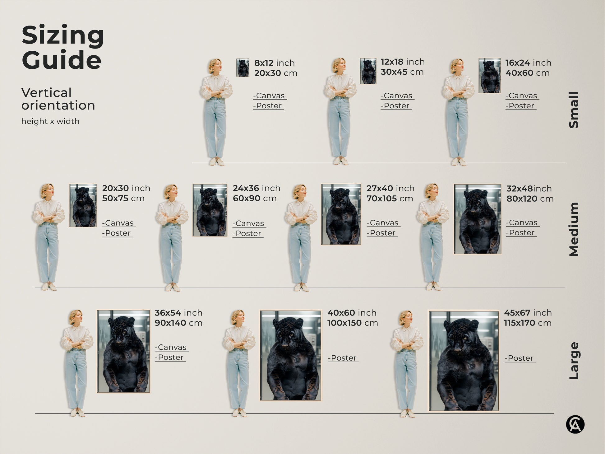 Sizing guide for black panther canvas and poster prints. Visualize vertical orientations and height x width dimensions. Choose from small medium and large sizes. Find the perfect fit for your space. Transform your walls with captivating animal artwork. Select the ideal size for your decor needs.