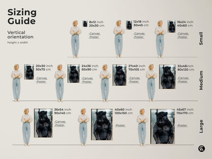 Sizing guide for black panther canvas and poster prints. Visualize vertical orientations and height x width dimensions. Choose from small medium and large sizes. Find the perfect fit for your space. Transform your walls with captivating animal artwork. Select the ideal size for your decor needs.