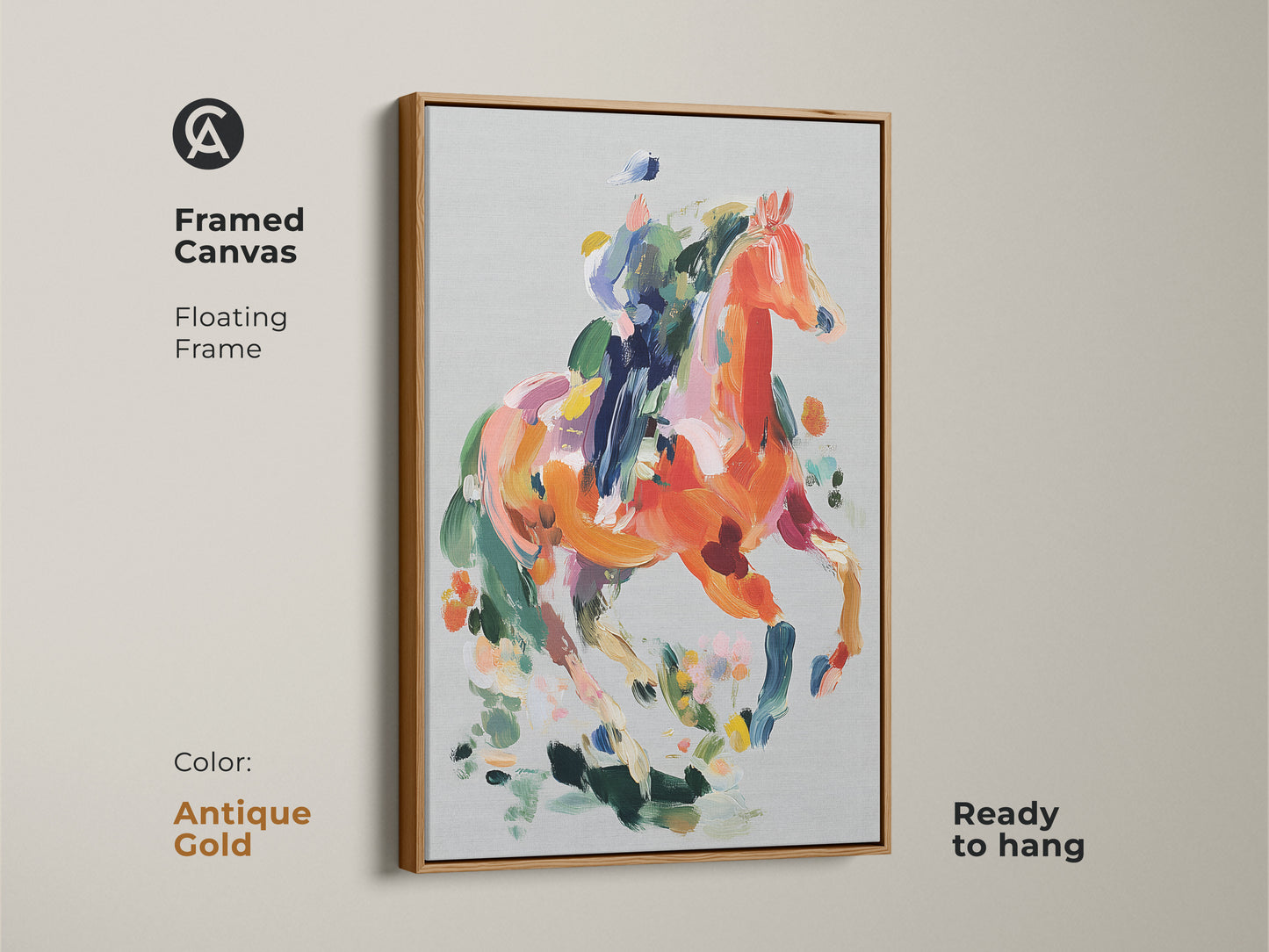 Framed Canvas featuring an abstract horse with a floating frame in antique gold. This equestrian artwork is ready to hang. The vibrant orange and coral animal art adds a contemporary touch to any room. The bold brushstrokes and eclectic style make it a unique statement piece. A perfect gift for art collectors.