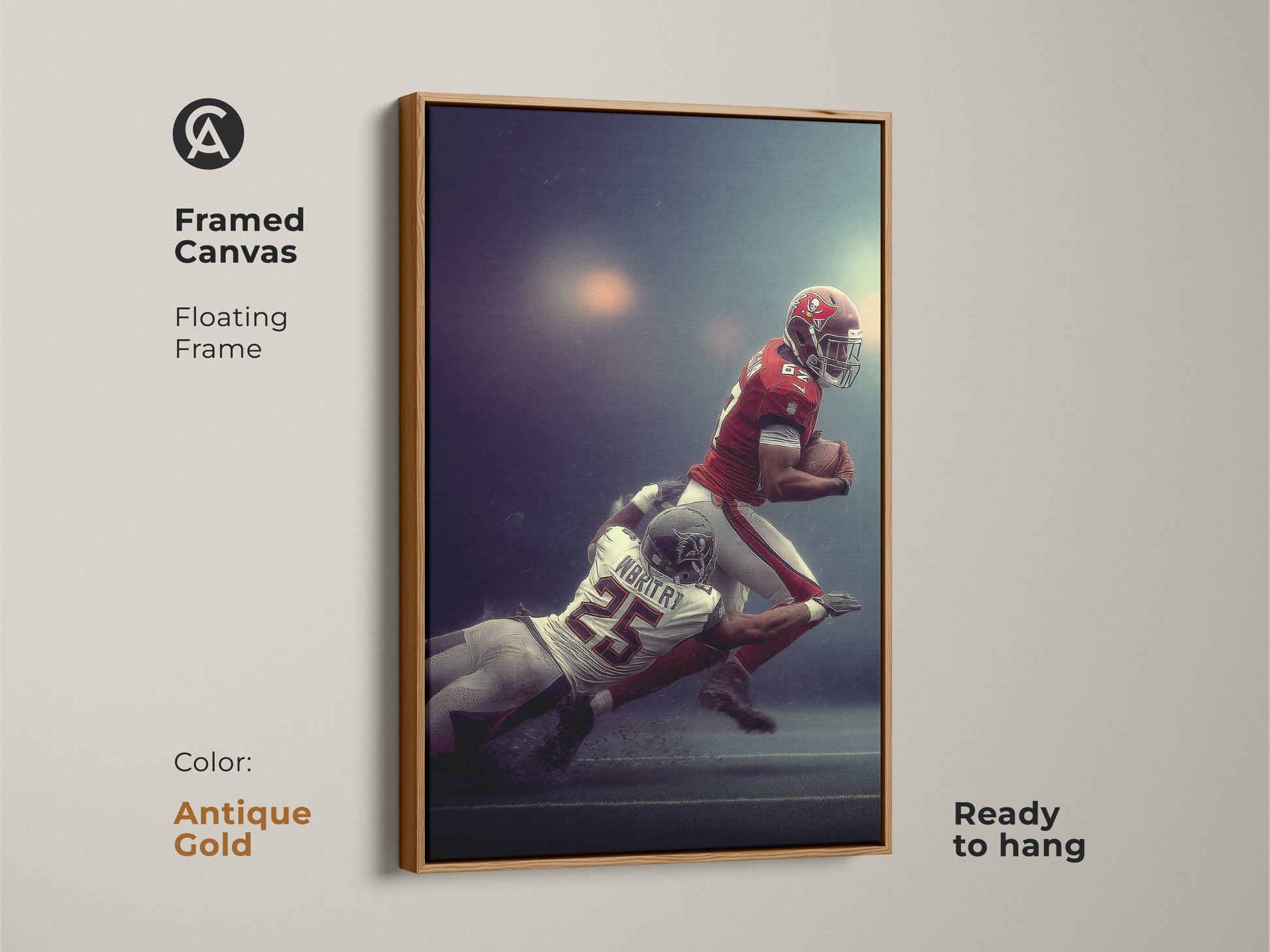 Framed American Football Player Tackled Canvas art with a white floating frame. This sports action wall decor is ready to hang. This man cave wall hanging is a perfect gift for football fans. The red white and blue artwork adds a sporty energetic vibe