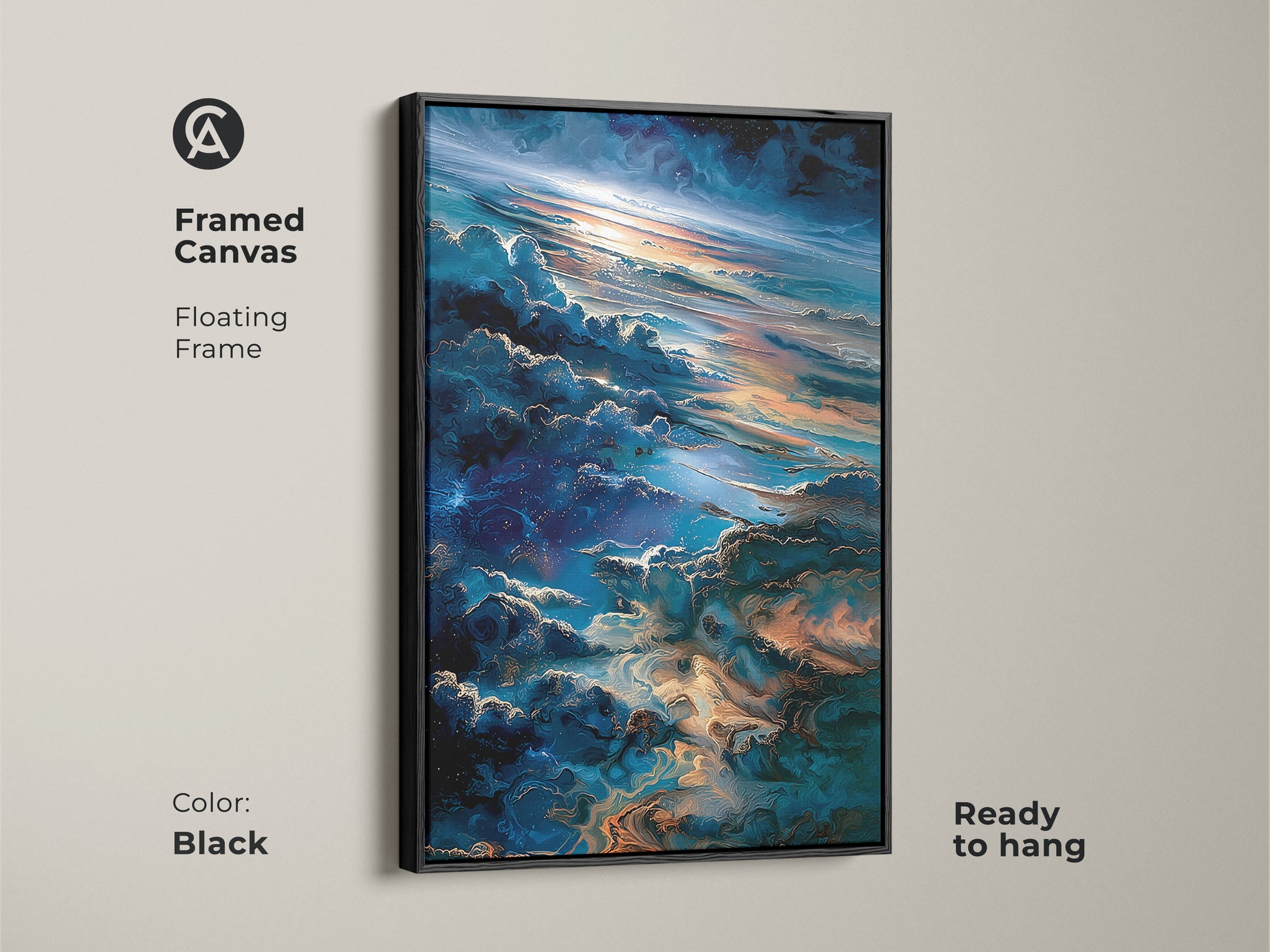 Framed canvas with a floating frame in black. This ready-to-hang artwork features a celestial skyscape. The clouds shimmer in blue and gold tones. Add a touch of modern elegance to your home with this framed art.