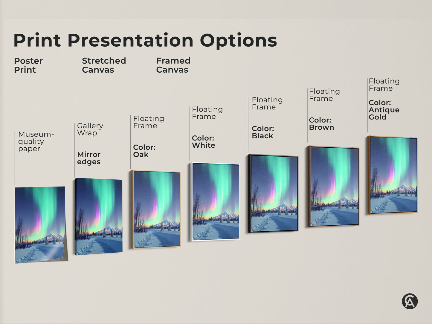 Print presentation options showcasing Aurora Borealis artwork. Poster print stretched canvas and framed canvas versions are available. Floating frames come in oak white black brown and antique gold. Choose the perfect style to display this stunning winter landscape in your home.