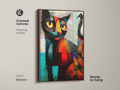 Framed canvas displays a cubist cat art print in a floating brown frame. The eclectic home decor piece features orange yellow and teal hues. This animal portrait art is ready to hang and adds warmth to any space. Perfect as a statement cat wall decor.
