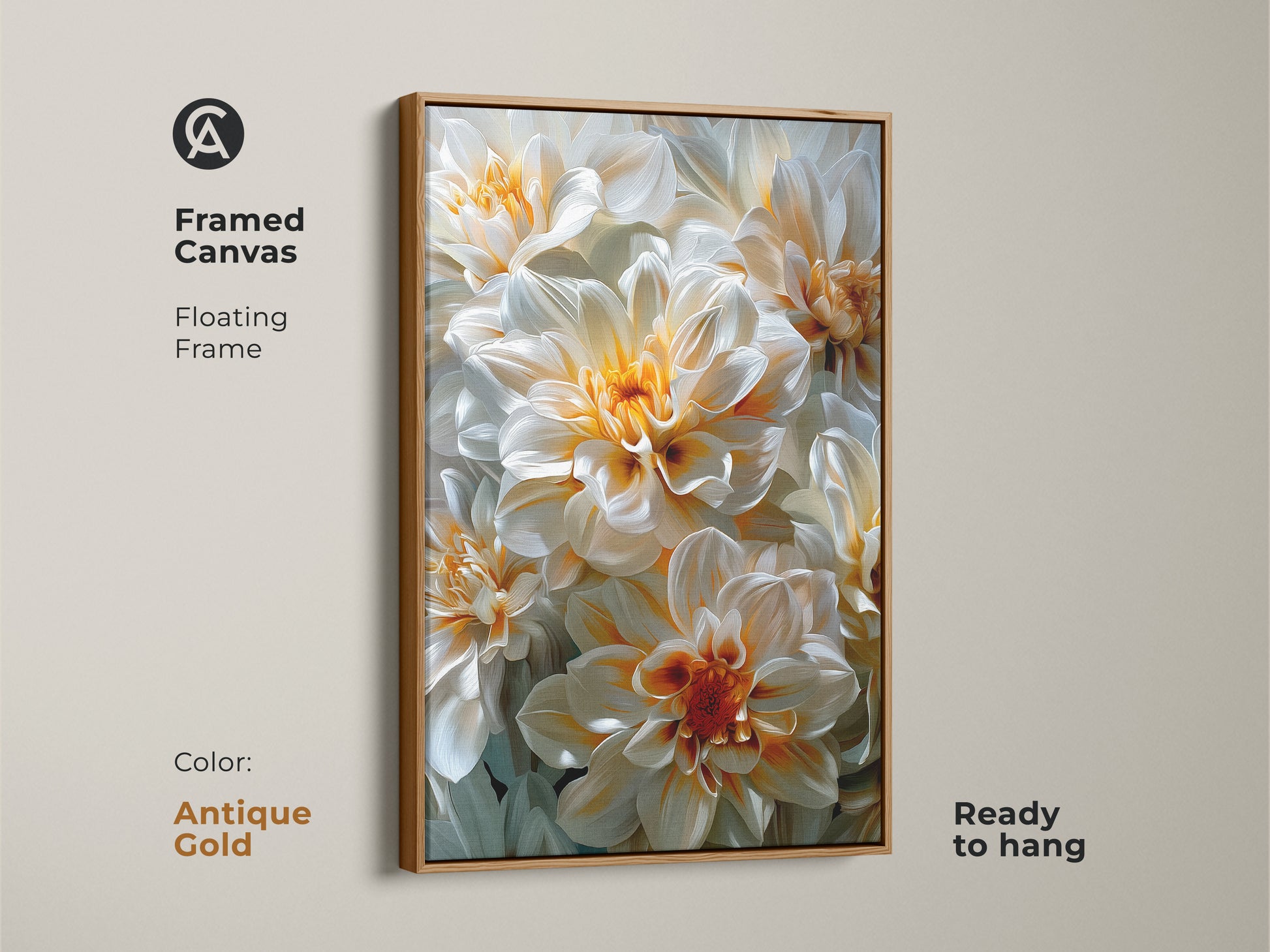 Framed canvas art featuring white and orange dahlia flowers. The frame is antique gold and it has a floating style. The canvas is ready to hang. This framed floral art adds a touch of vintage elegance to your home decor. The artwork is perfect for any space.