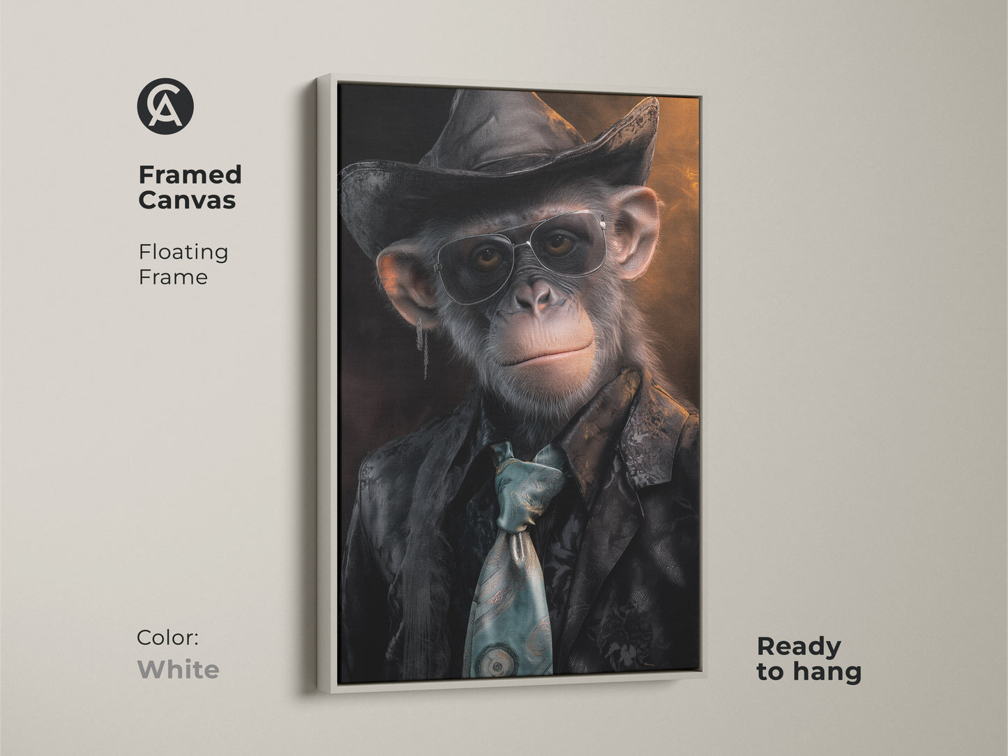 Framed canvas of an animal dressed as cowboy print with floating frame in white. This chimpanzee dressed as cowboy print is ready to hang. The stylish monkey with hat art adds character to any space. It's a conversation starter wall art.