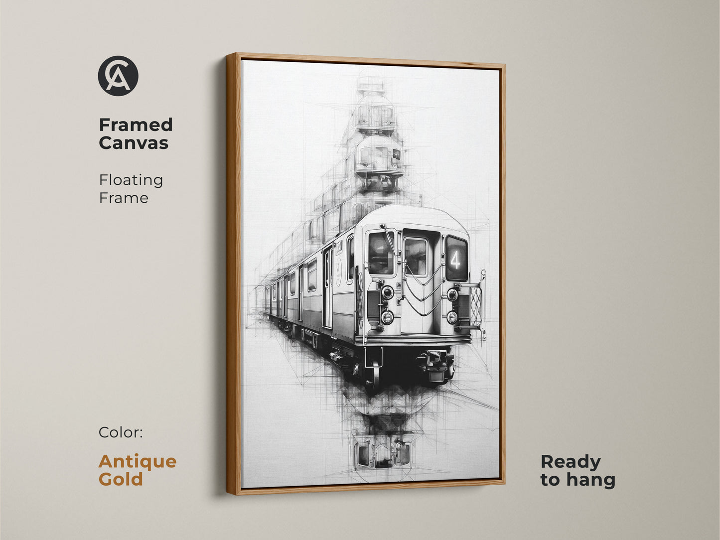 A framed canvas with an antique gold floating frame showcases urban line art of a subway train ready to hang. The black white sketch art has an industrial loft aesthetic. This transportation art print adds modern decor.