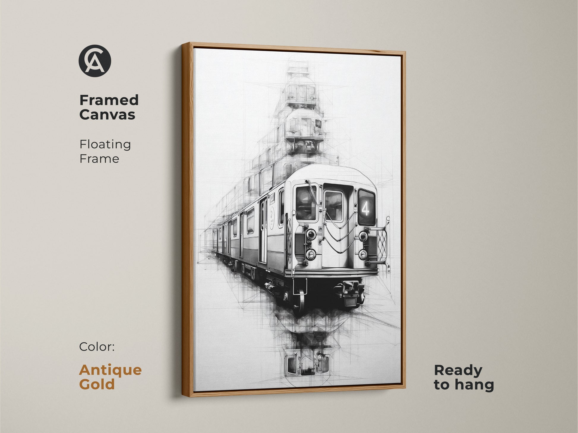 A framed canvas with an antique gold floating frame showcases urban line art of a subway train ready to hang. The black white sketch art has an industrial loft aesthetic. This transportation art print adds modern decor.