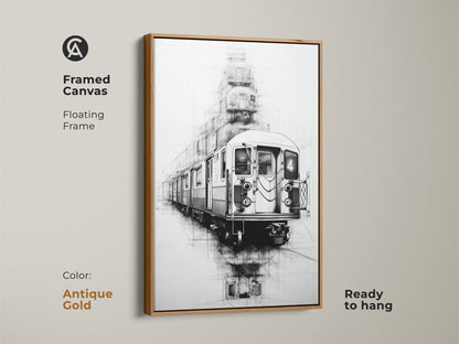 A framed canvas with an antique gold floating frame showcases urban line art of a subway train ready to hang. The black white sketch art has an industrial loft aesthetic. This transportation art print adds modern decor.