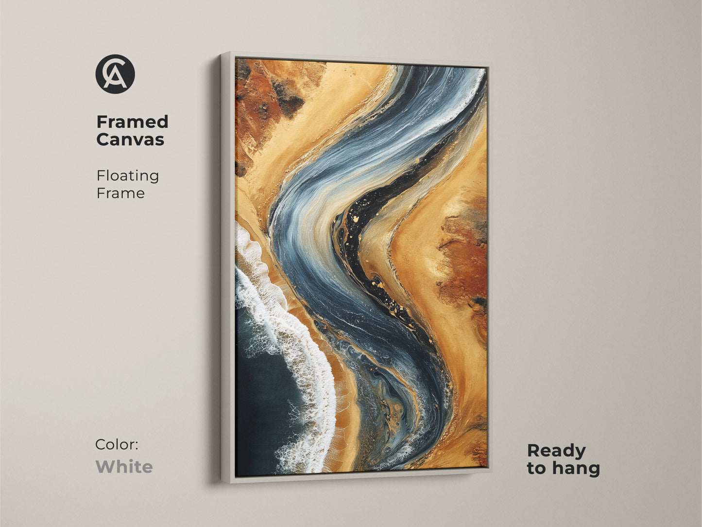 Framed canvas with white floating frame showcasing deep blue and sandy beige abstract artwork. The ocean wave fluid art print is ready to hang. Contemporary coastal landscape canvas. This modern abstract artwork can be a focal point for any interior.