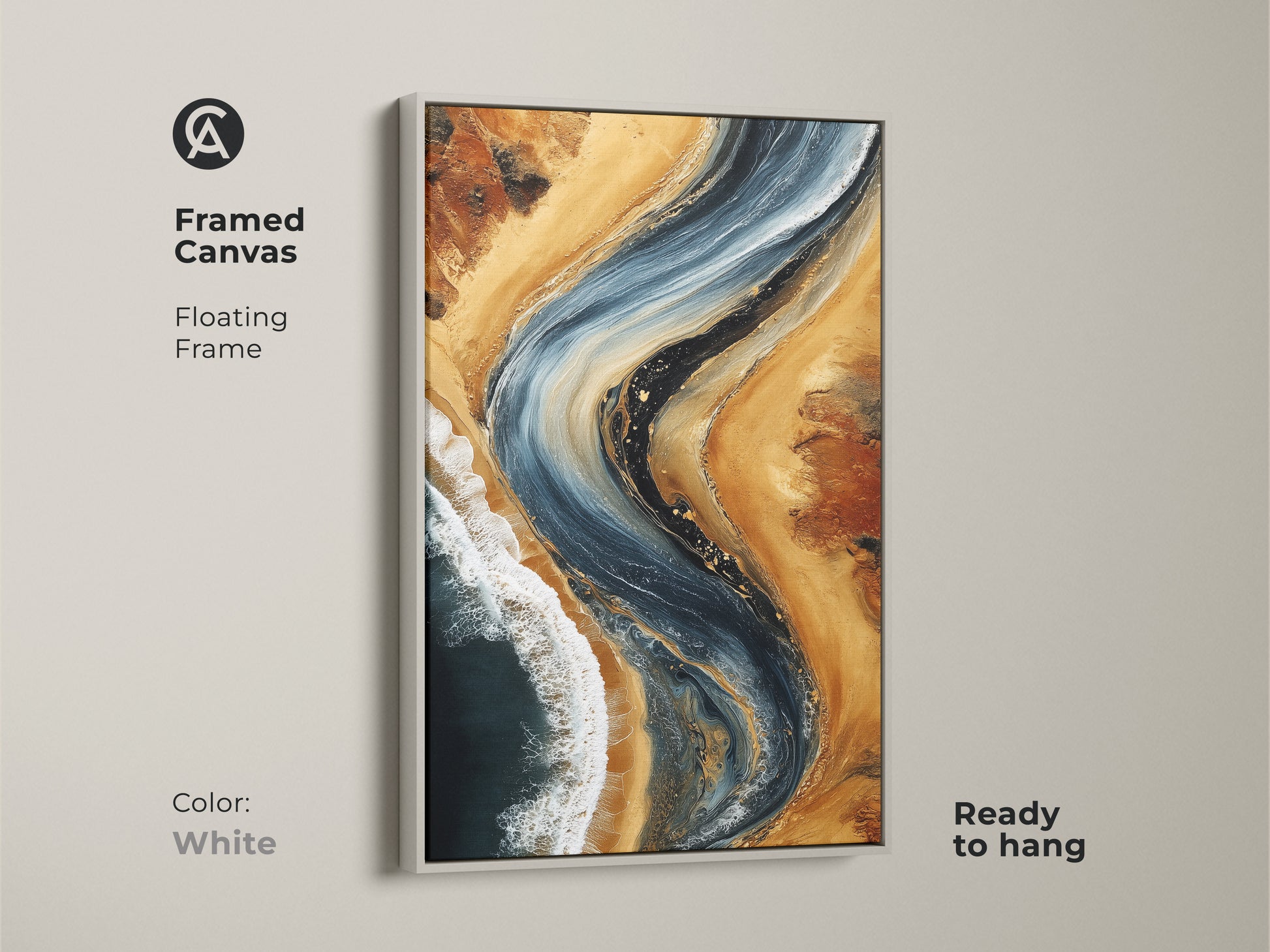 Framed canvas with white floating frame showcasing deep blue and sandy beige abstract artwork. The ocean wave fluid art print is ready to hang. Contemporary coastal landscape canvas. This modern abstract artwork can be a focal point for any interior.