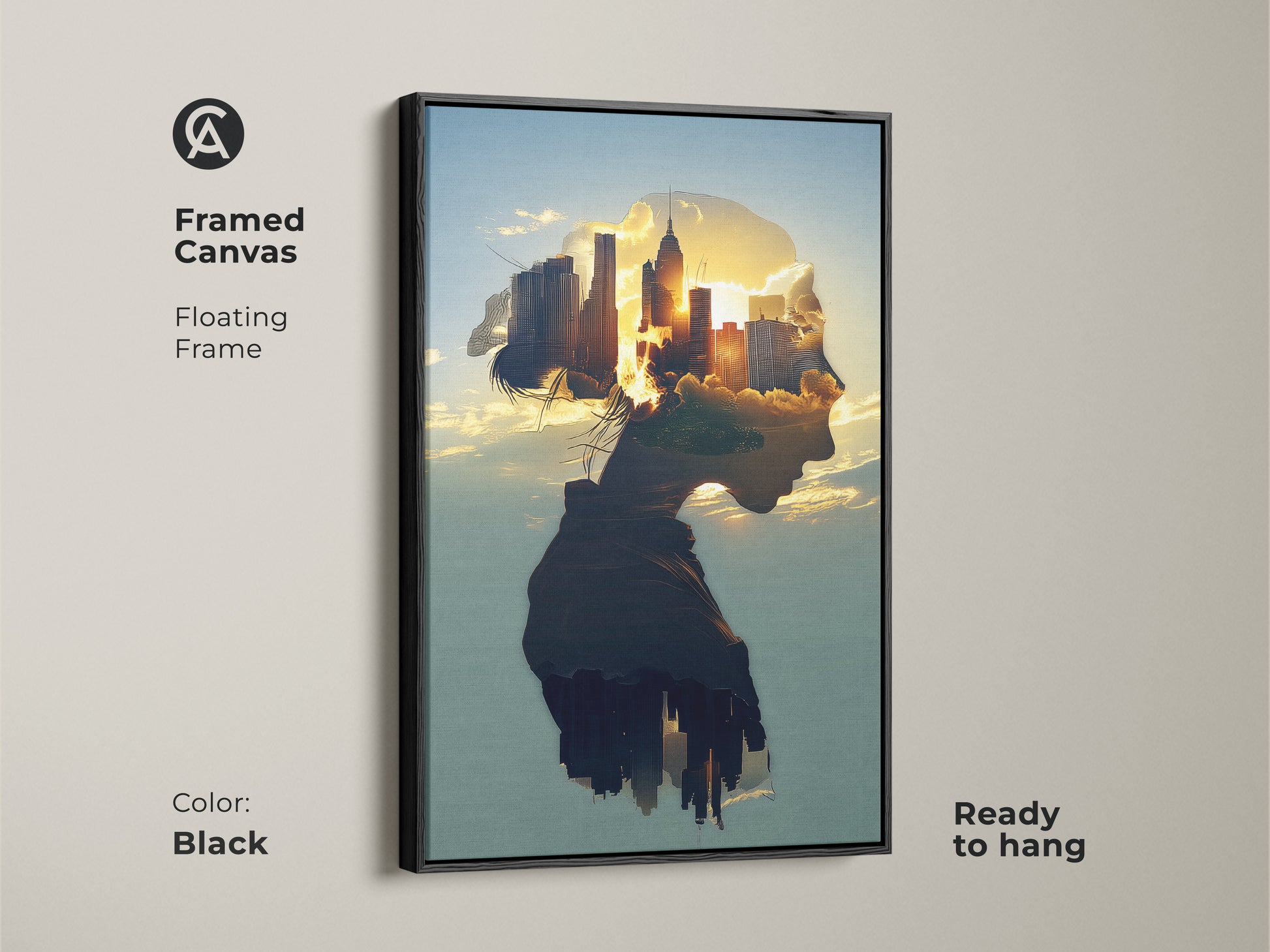 Framed Canvas featuring double exposure cityscape artwork in a Black floating frame. A surreal female profile merges with a golden hour city skyline. The contemporary artwork is ready to hang as modern home office art. The urban landscape is perfect as bedroom decor.