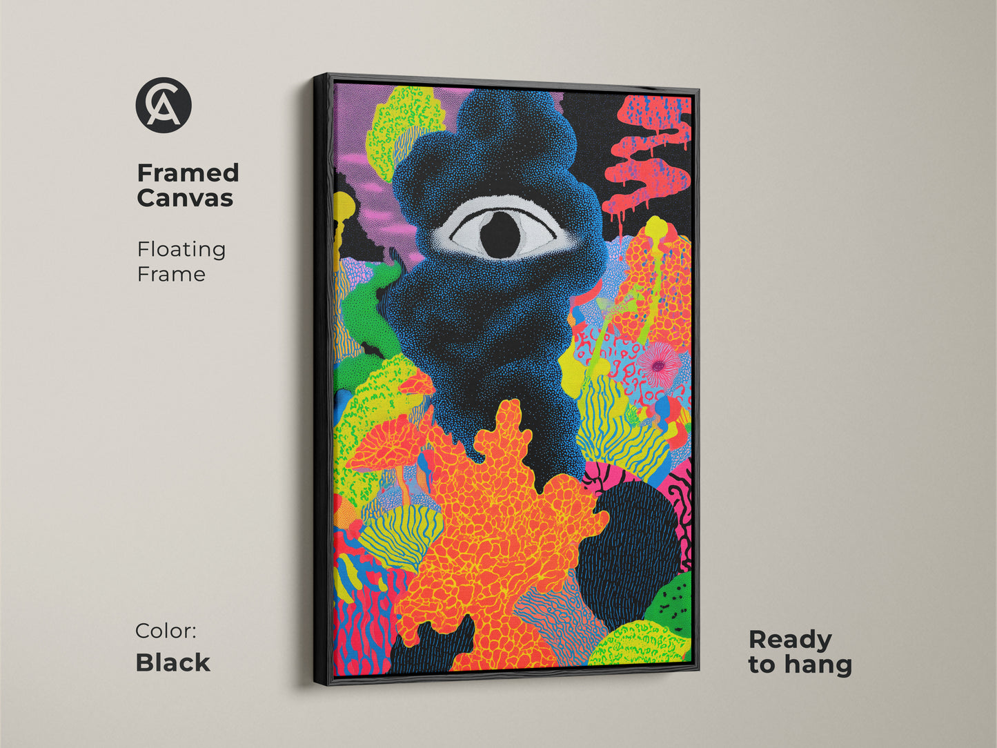 Framed canvas featuring black floating frame. The surreal eye canvas print adds a modern touch. This neon orange abstract art is ready to hang. The eclectic home decor art is ideal as a hallway wall art decor.
