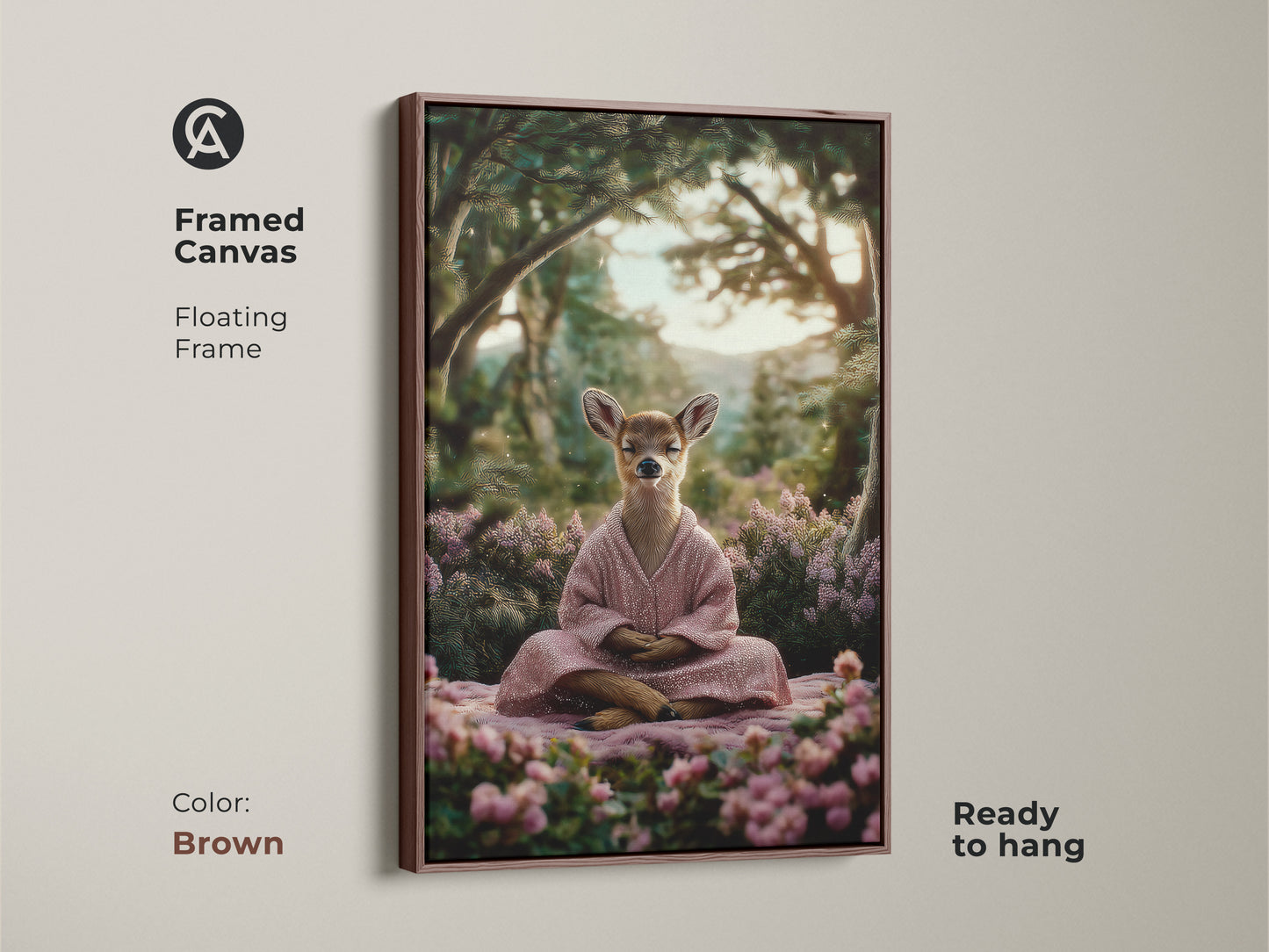 Framed fawn meditating in nature art. This spiritual nature canvas has a brown floating frame. It offers a calming forest scene print that's ready to hang. It is perfect as boho spiritual wall decor.