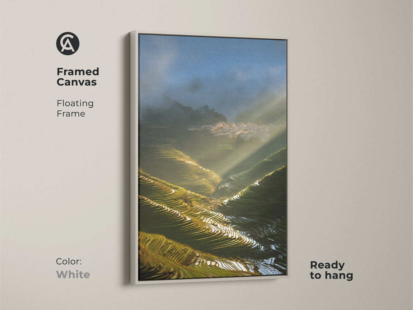 Framed Canvas shows Terrace Fields art with golden sunbeams and a village. This photorealistic artwork with a white floating frame provides scenic farmland wall decor. Perfect as a housewarming gift.