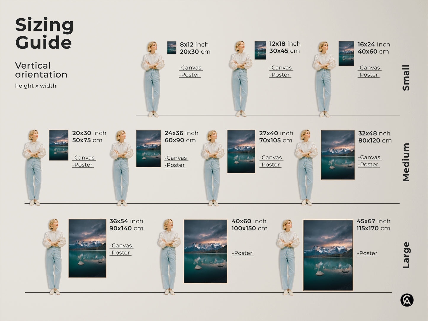 Sizing guide for a vertical teal lake and mountain artwork. Available as canvas or poster prints. Sizes range from small to large. Dimensions include 8x12 inch 20x30 cm to 45x67 inch 115x170 cm. Find the perfect fit for your space with this scenic landscape art for contemporary nature decor.