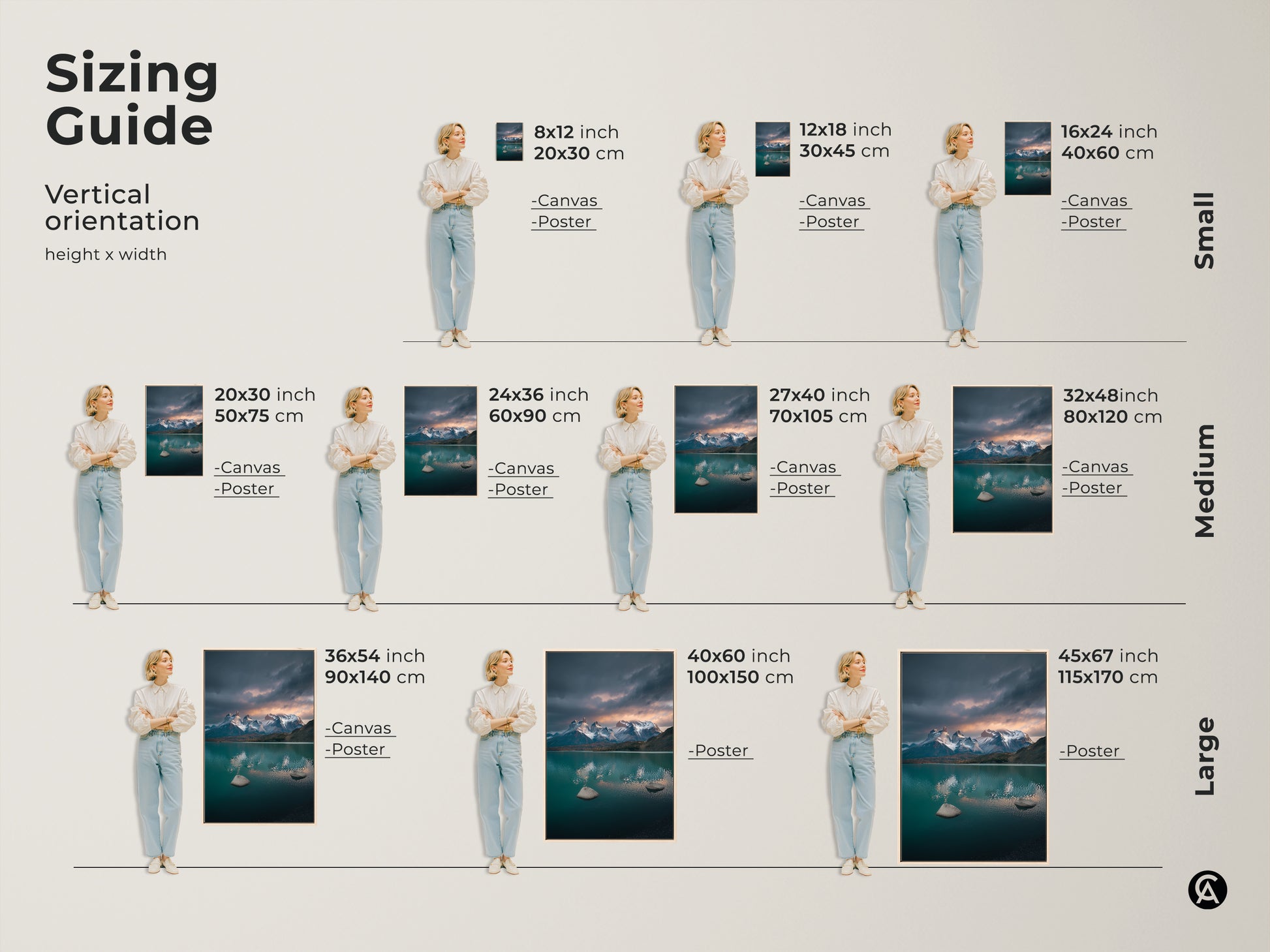 Sizing guide for a vertical teal lake and mountain artwork. Available as canvas or poster prints. Sizes range from small to large. Dimensions include 8x12 inch 20x30 cm to 45x67 inch 115x170 cm. Find the perfect fit for your space with this scenic landscape art for contemporary nature decor.