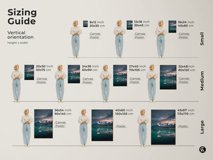 Sizing guide for a vertical teal lake and mountain artwork. Available as canvas or poster prints. Sizes range from small to large. Dimensions include 8x12 inch 20x30 cm to 45x67 inch 115x170 cm. Find the perfect fit for your space with this scenic landscape art for contemporary nature decor.