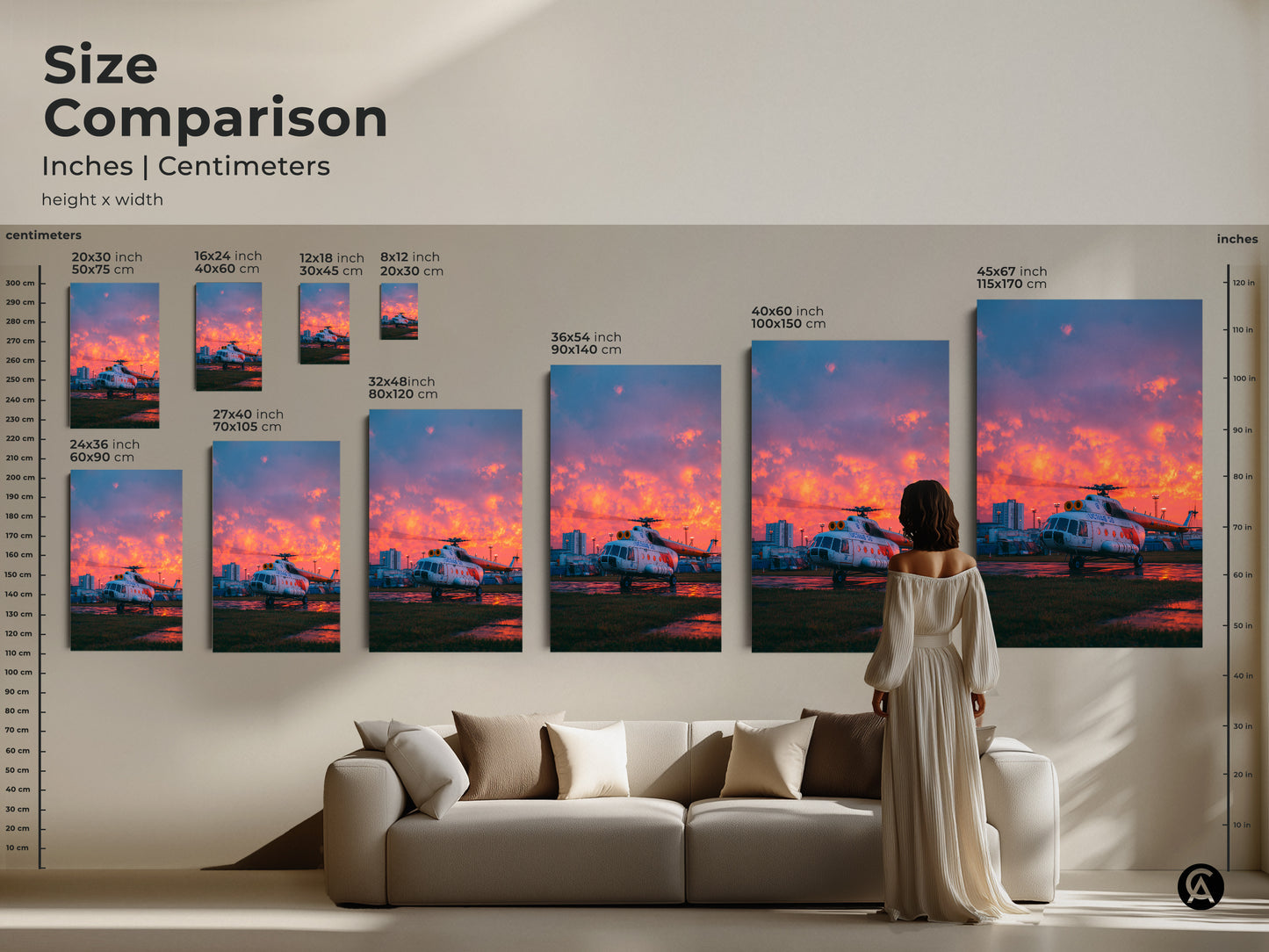 Size comparison of aviation art prints in inches and centimeters. See how the helicopter artwork fits above a sofa. The artwork transforms any room. Choose the right size for your space. Aviation art is perfect.