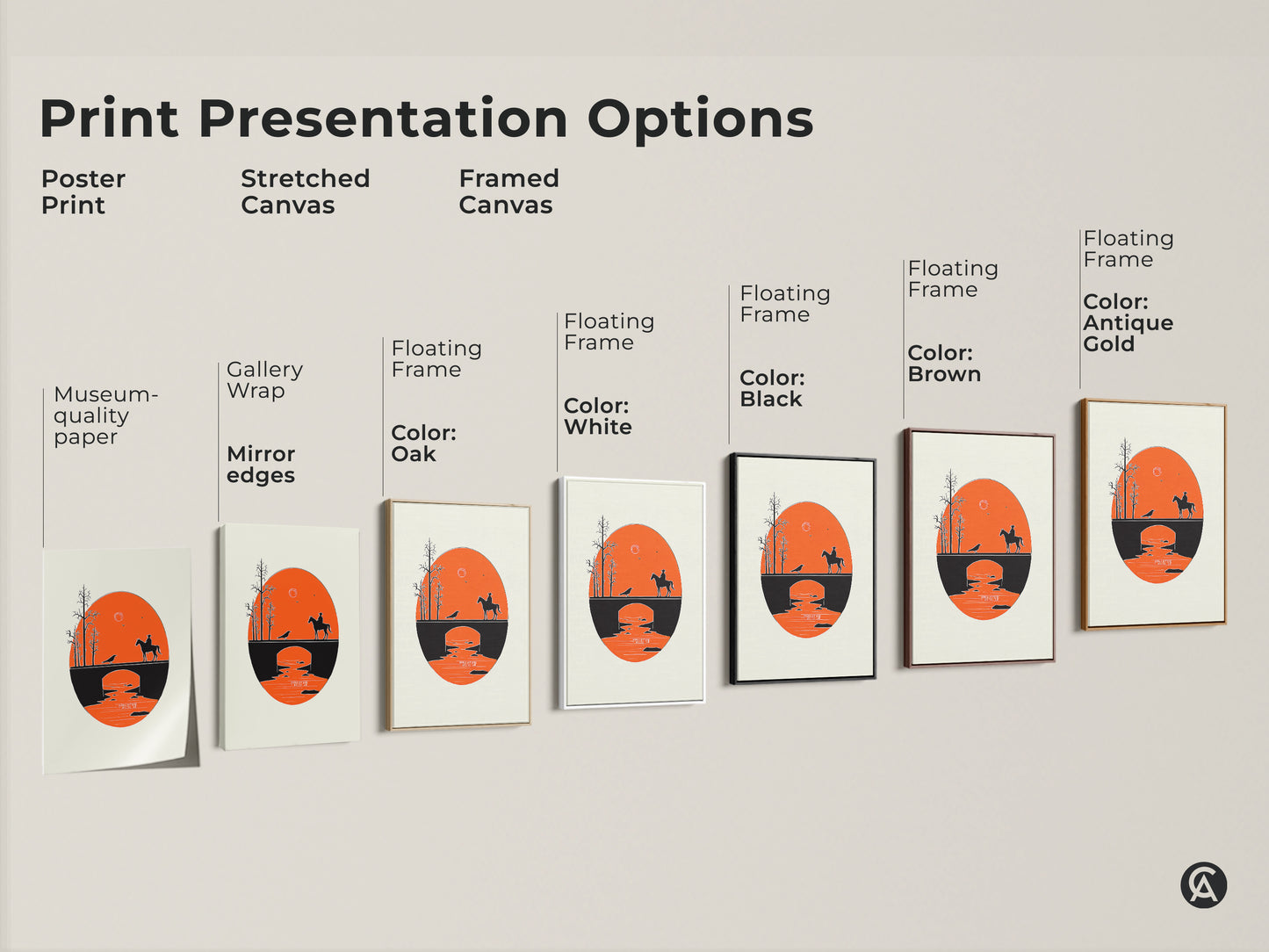 Explore print presentation options with this Mid-Century Modern cowboy art. Choose from poster prints stretched canvas or framed canvas. The retro orange and black landscape adds a touch of minimalist western art to any room. These art prints make excellent housewarming gifts. Select the perfect style to complement your decor.