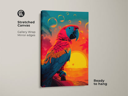 Stretched canvas artwork showcases a colorful parrot against a sunset backdrop. This gallery-wrapped canvas features mirror edges and is ready to hang. The parrot wall art adds a vibrant touch to your home decor. Shop now for tropical-inspired art.