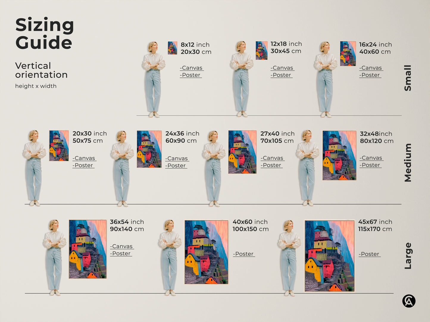 Find your perfect size with this sizing guide for abstract Machu Picchu artwork. Visualize canvas and poster prints in vertical orientations. A colorful landscape art of terraced hillsides adds boho charm to any room. Available in small medium and large sizes.