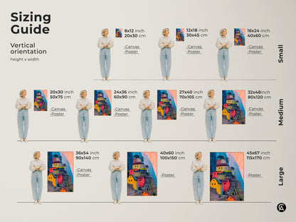 Find your perfect size with this sizing guide for abstract Machu Picchu artwork. Visualize canvas and poster prints in vertical orientations. A colorful landscape art of terraced hillsides adds boho charm to any room. Available in small medium and large sizes.