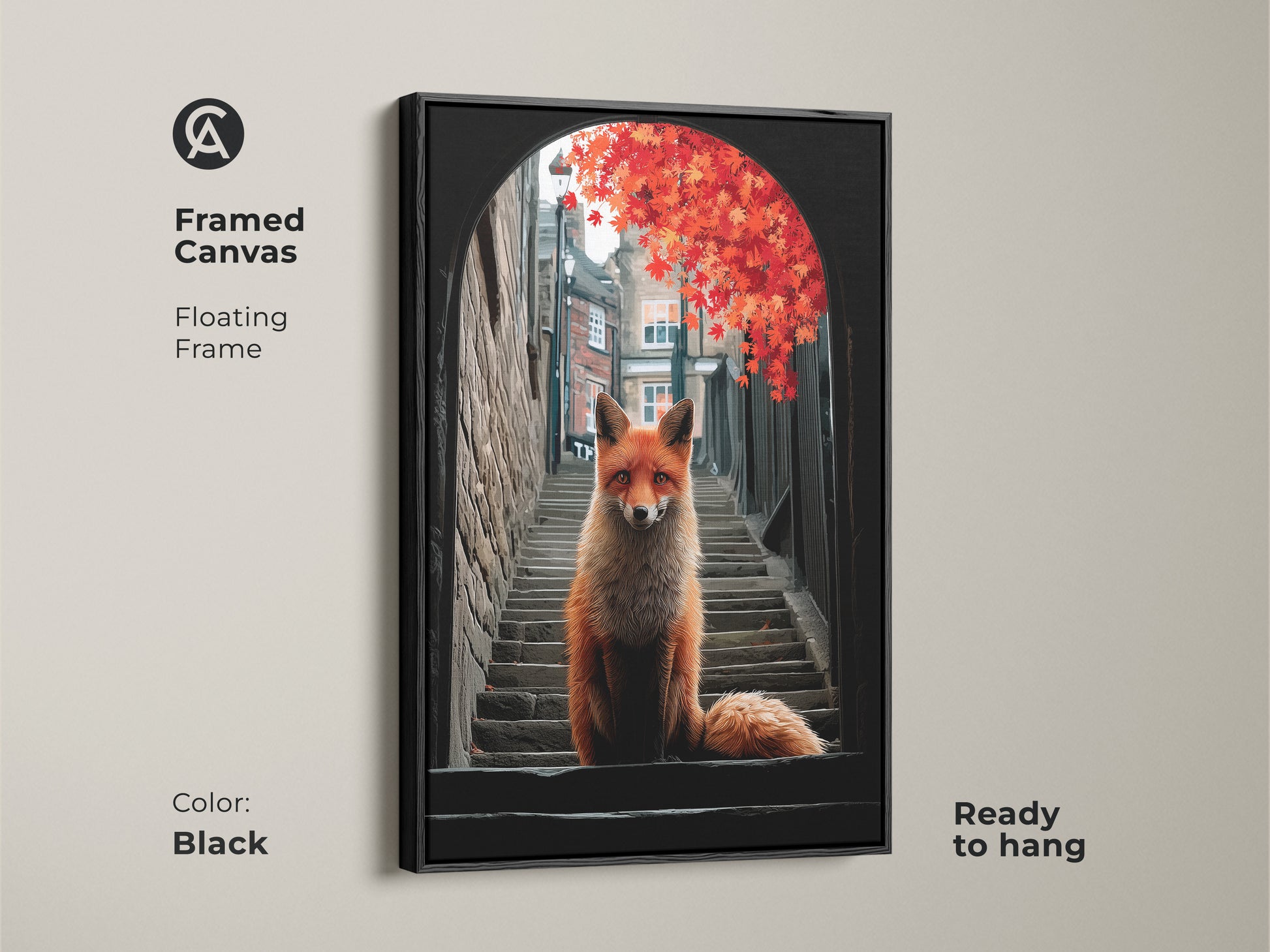 Enhance your wall decor with this framed fox in alley artwork. This framed canvas features a red fox on steps in an urban setting. Red autumn leaves create a vibrant scene. The black floating frame adds a modern touch to this nature-inspired art.