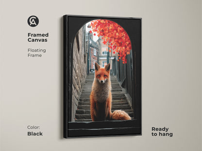 Enhance your wall decor with this framed fox in alley artwork. This framed canvas features a red fox on steps in an urban setting. Red autumn leaves create a vibrant scene. The black floating frame adds a modern touch to this nature-inspired art.