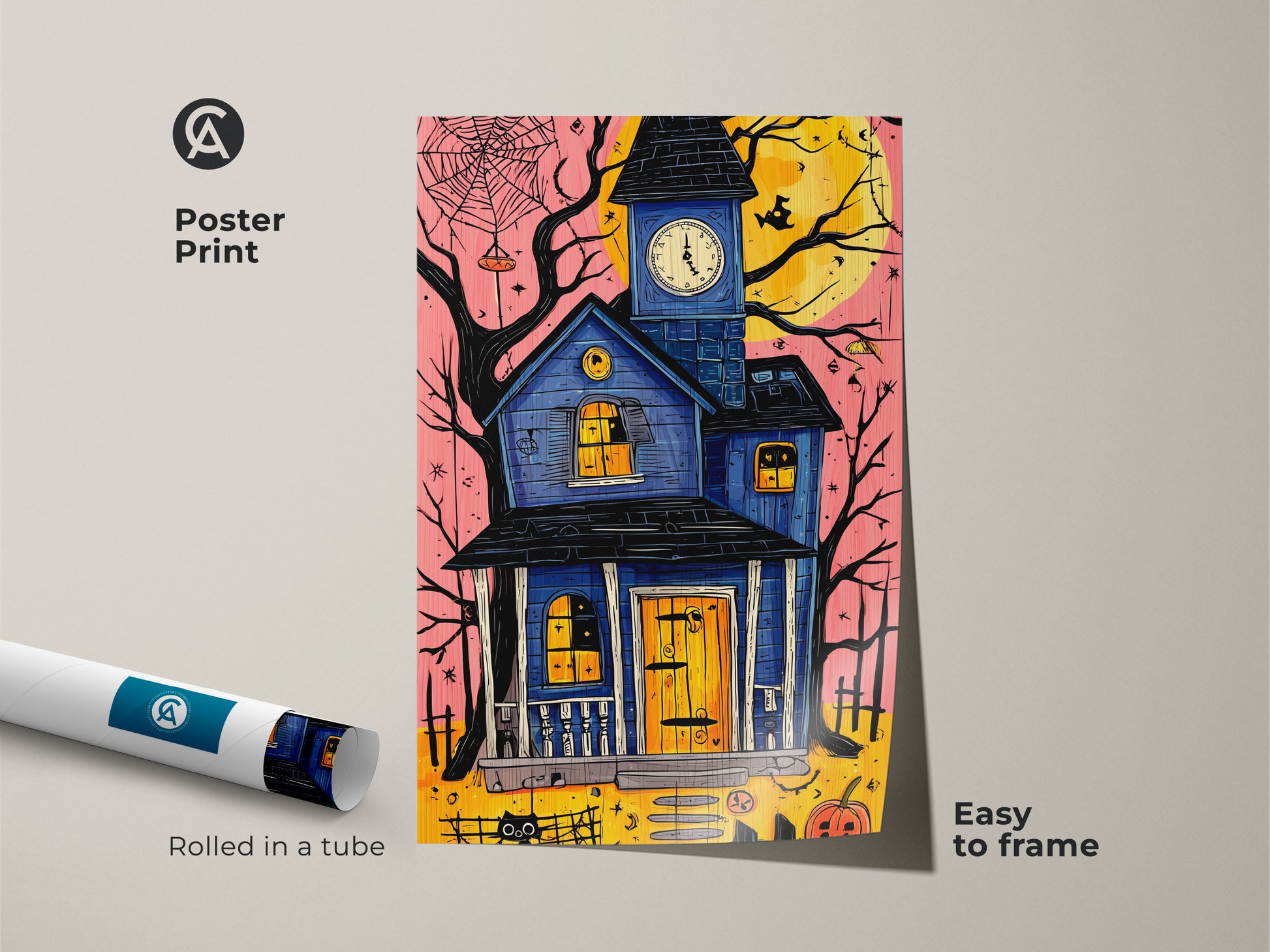 Poster print of a spooky haunted house. This Halloween wall art decor features a black cat and pumpkin. The eclectic blue yellow orange artwork is easy to frame. This whimsical print adds character to any room.