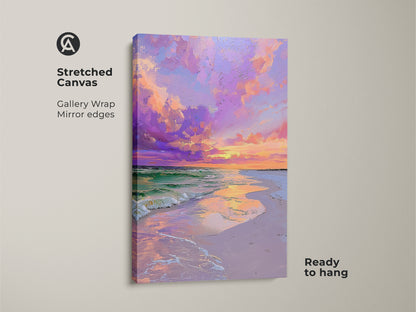 Stretched canvas of an ocean sunset artwork. The coastal beach wall art showcases a pink purple sky print. The gallery wrap has mirror edges and is ready to hang. Perfect bedroom wall decor ocean art.