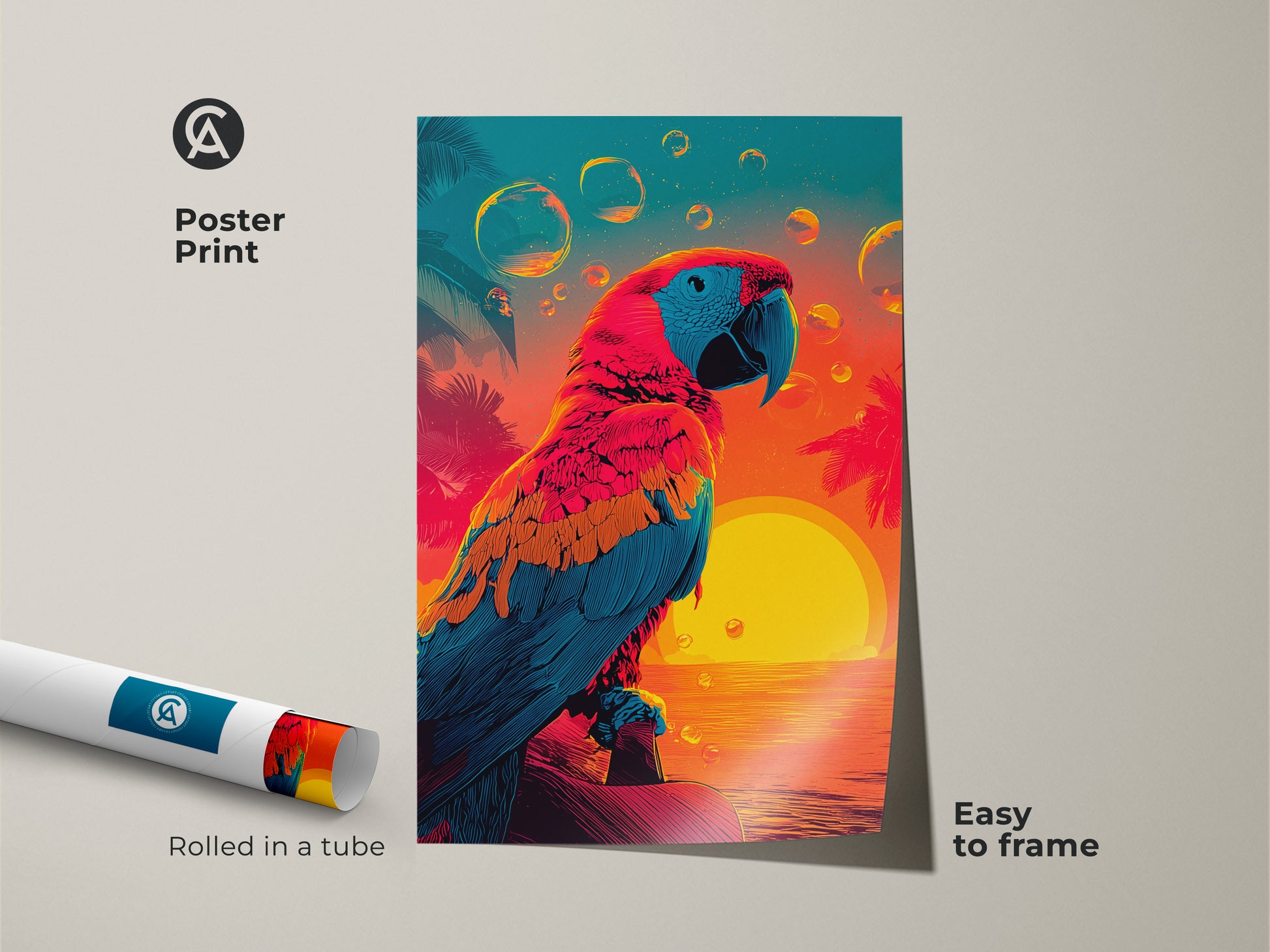 A poster print displays a bright parrot artwork with a sunset. The art is rolled in a tube for easy framing. This parrot poster is an affordable way to add color to your walls. Get this easy-to-frame tropical artwork today.