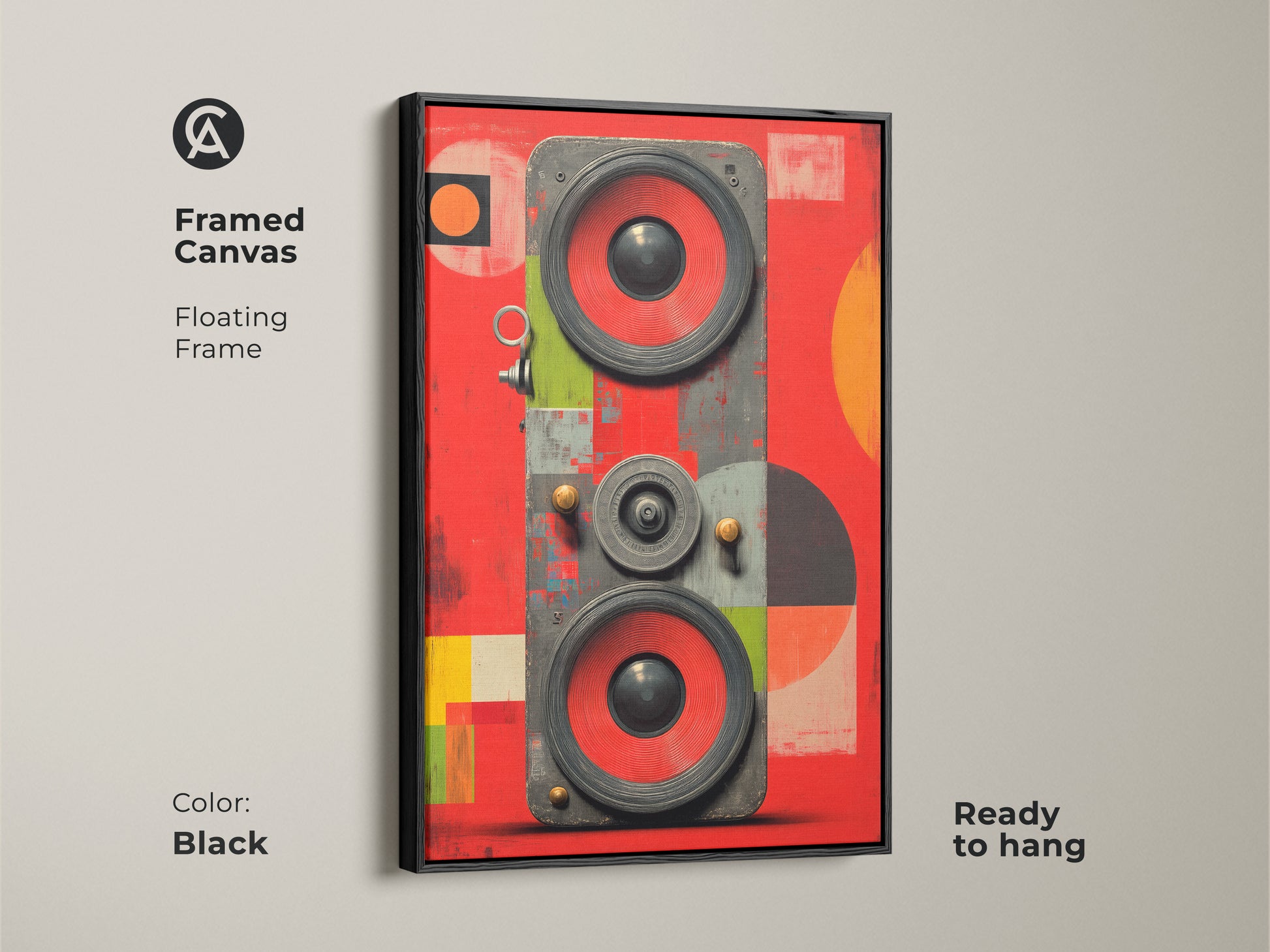 The black framed canvas showcases retro speaker artwork with a floating frame. This abstract geometric sound wave canvas adds an eclectic touch. This pop art music wall decor is ready to hang.