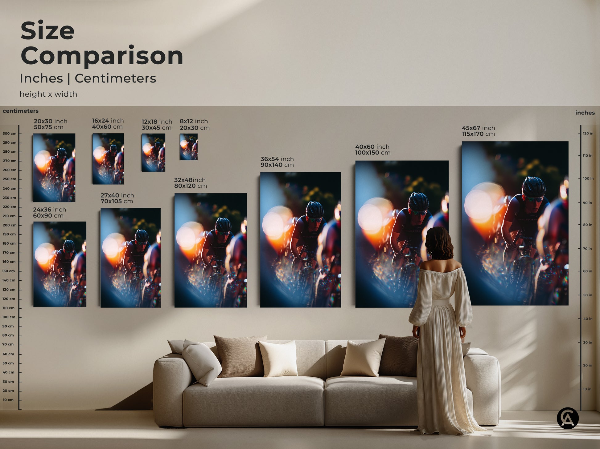 Size comparison of cyclist action photography canvas print. See how different sizes look in a living room setting. Choose the ideal size for your wall. The artwork captures the energy of a cycling race. Contemporary sports decor for any space.