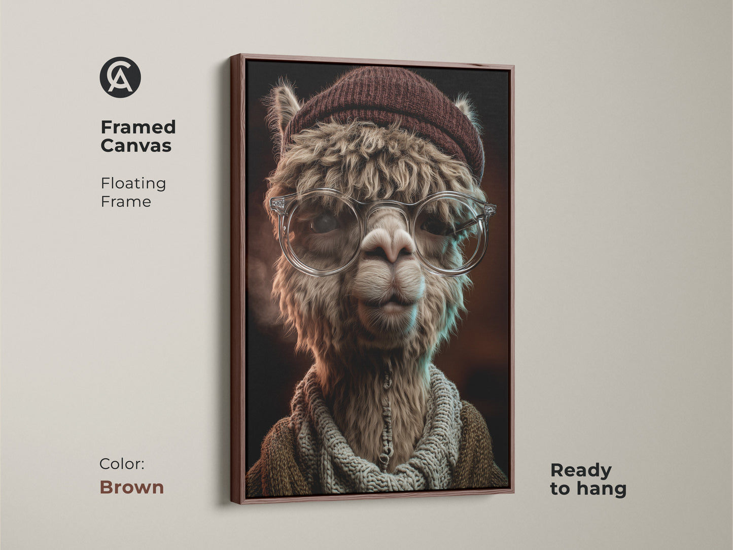 Framed canvas of the Alpaca artwork in brown. Floating frame complements the art's warm tones. The art is ready to hang. A unique and charming piece for any animal lover's home or office.