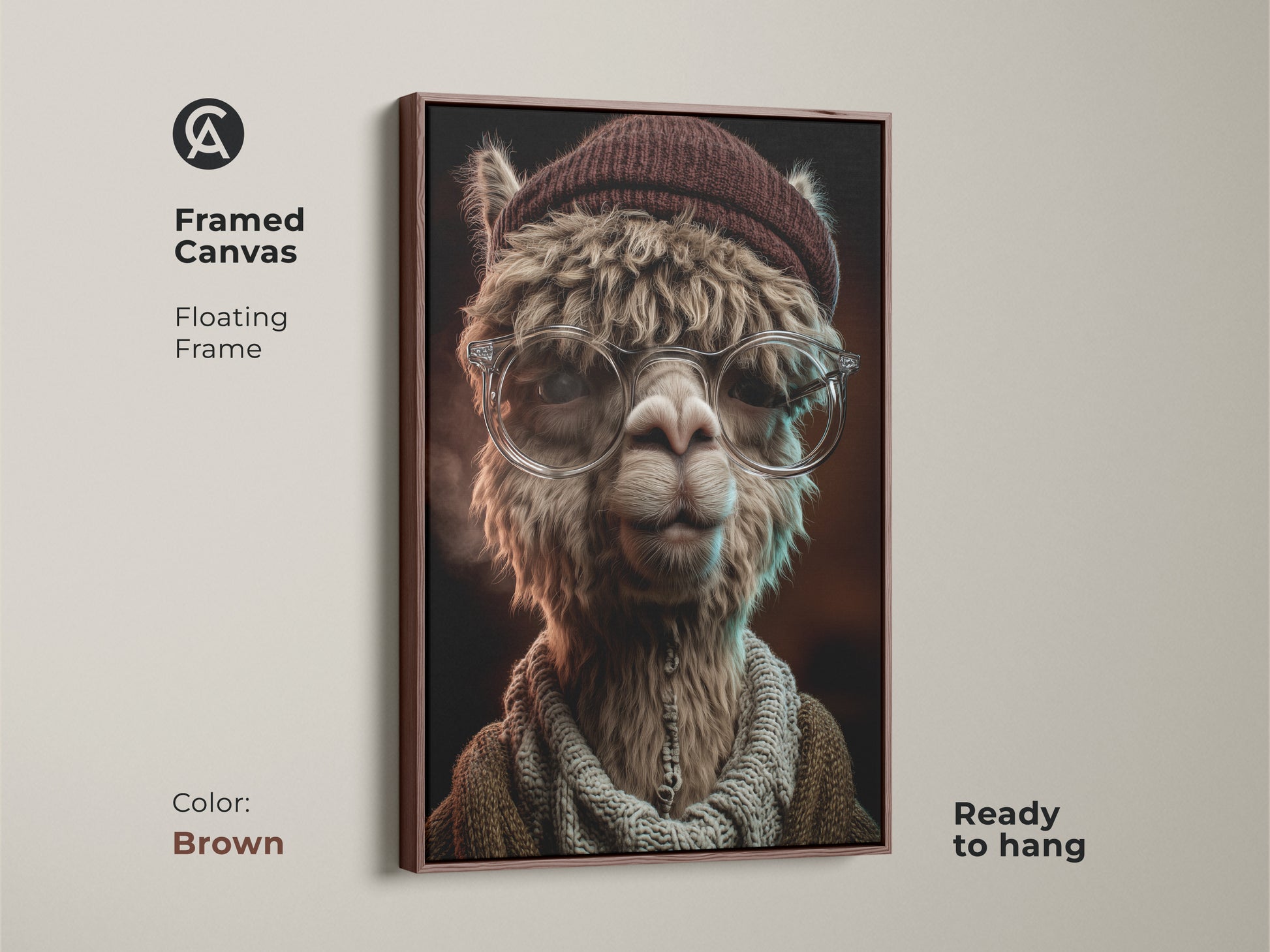 Framed canvas of the Alpaca artwork in brown. Floating frame complements the art's warm tones. The art is ready to hang. A unique and charming piece for any animal lover's home or office.