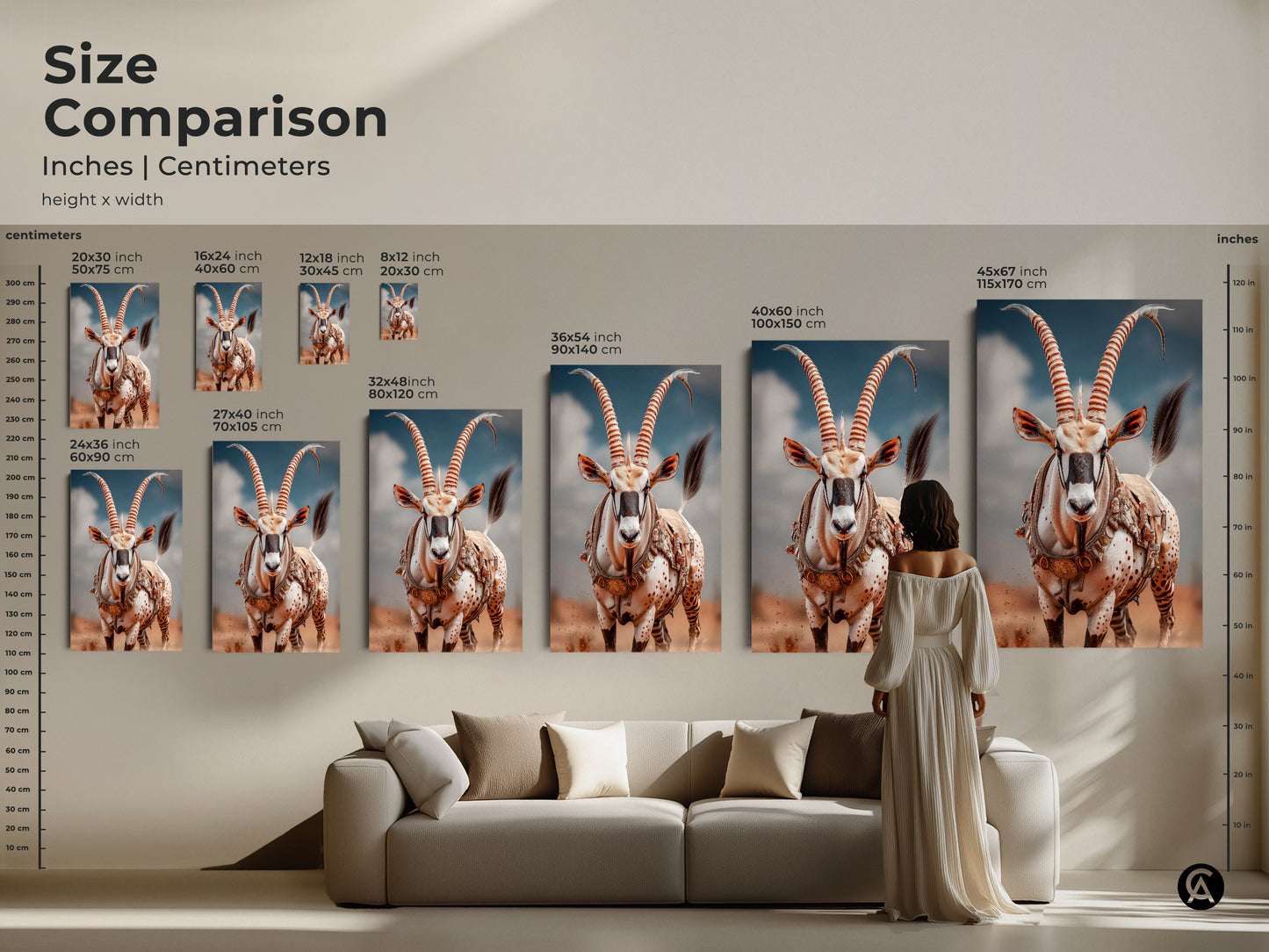 Size comparison of desert oryx art in inches and centimeters. Visualize prints from 20x30 cm to 45x67 inch. See how artwork fits above sofa. Perfect sizes for eclectic decor. Transform living space with nature inspired art.