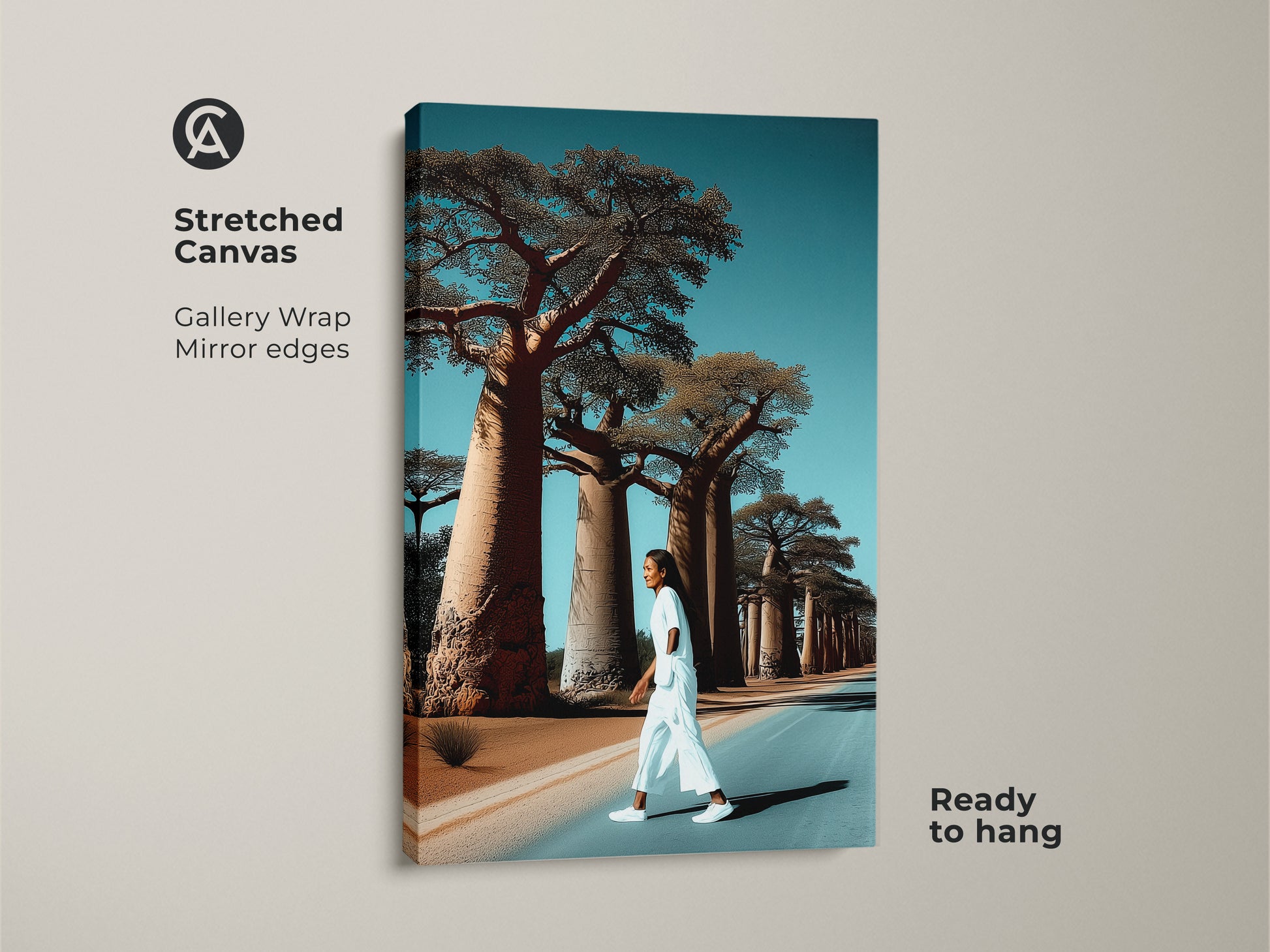 Realistic Baobab tree artwork on stretched canvas with gallery wrap mirror edges. A woman walks a lonely road. This African landscape canvas art is ready to hang. It brings boho travel decor to any room. The blue tones create vacation vibes.