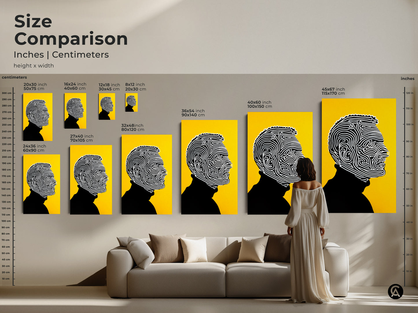 Size comparison of the line art portrait. The artwork is available in various sizes. Options include canvas and poster prints. Sizes range from small to large. See how this modern artwork fits in different spaces. Find the perfect art for your living room.