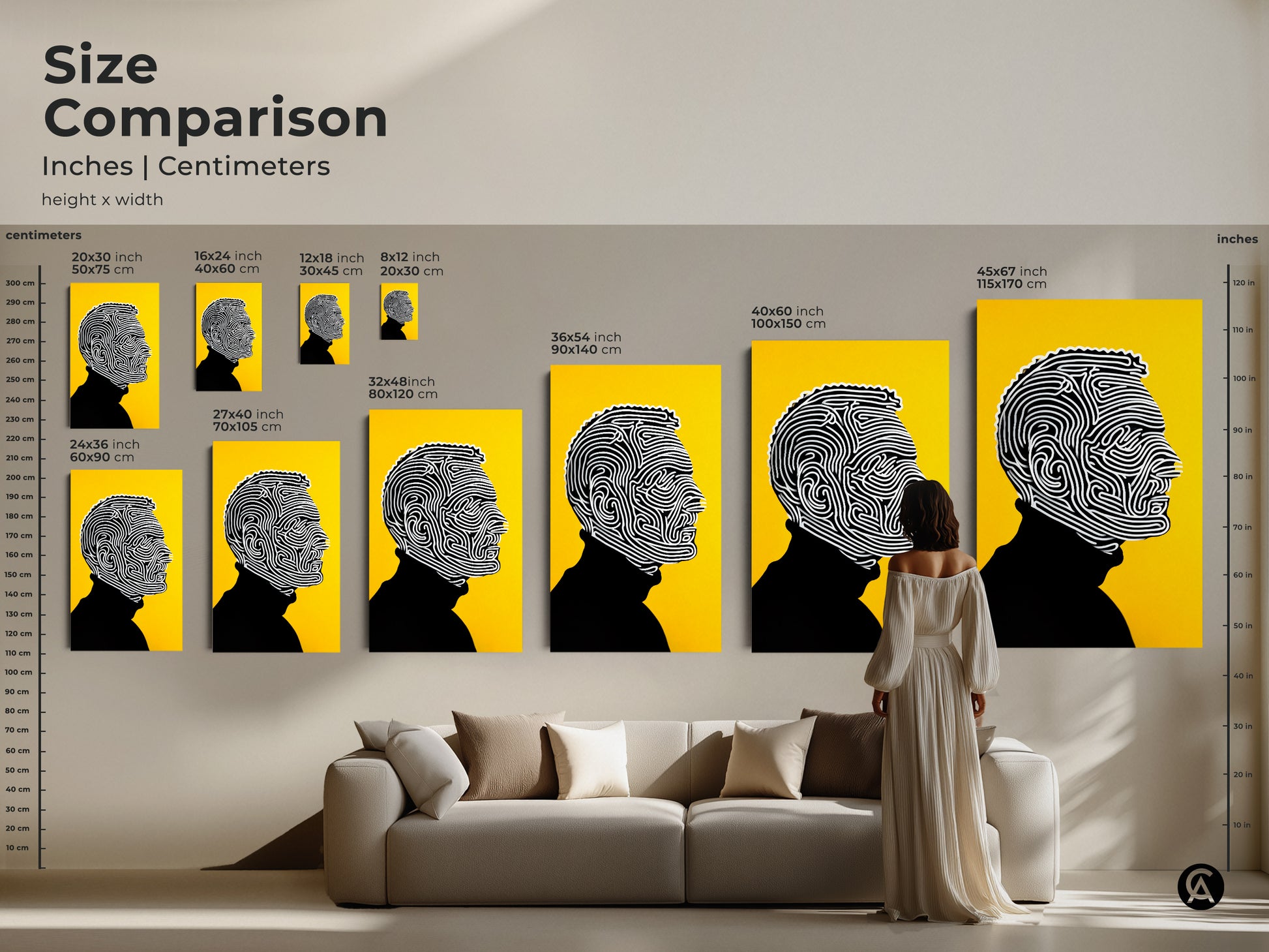 Size comparison of the line art portrait. The artwork is available in various sizes. Options include canvas and poster prints. Sizes range from small to large. See how this modern artwork fits in different spaces. Find the perfect art for your living room.