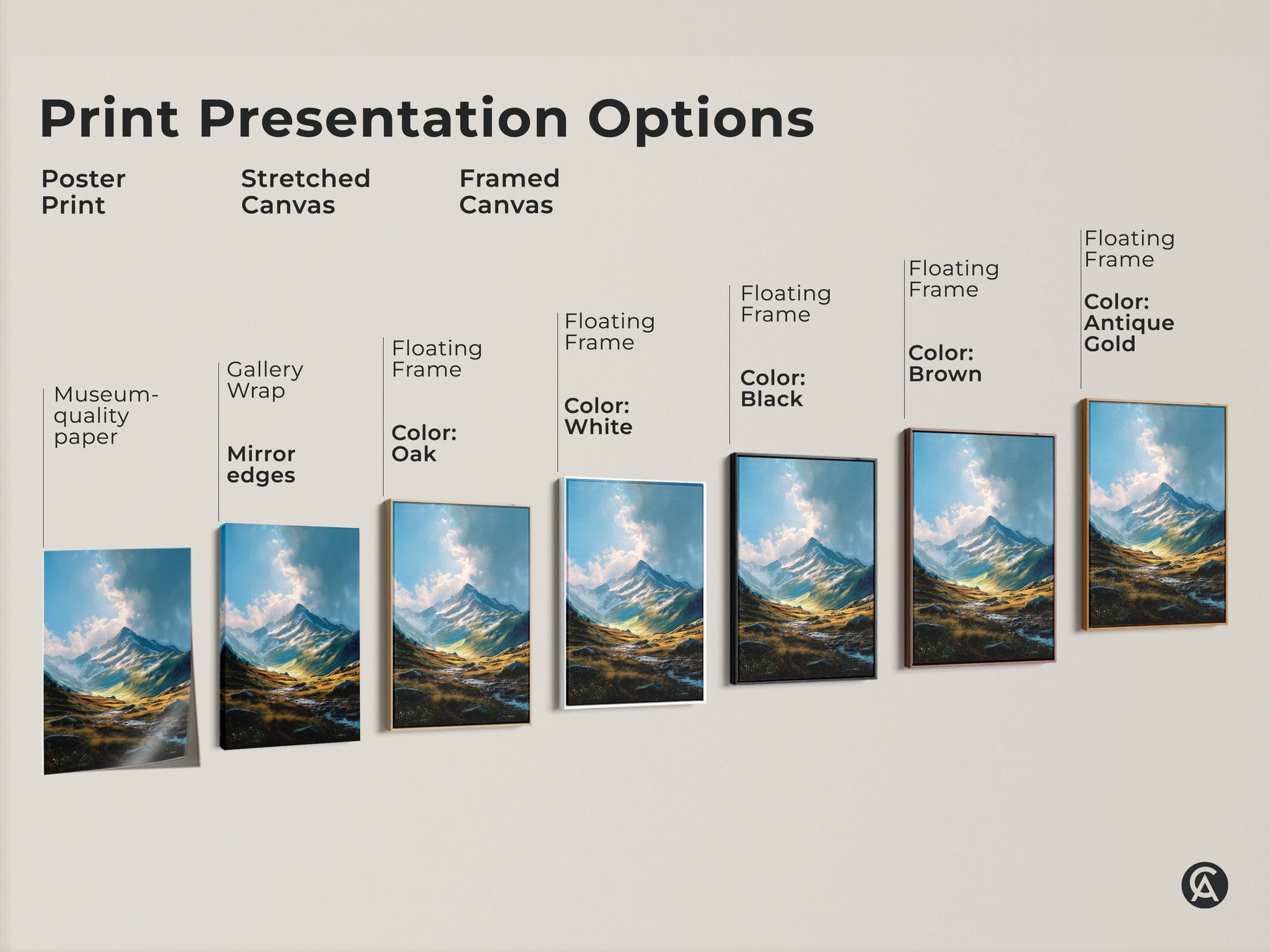Explore print presentation options for mountain landscape artwork. Choose from poster prints stretched canvases or framed canvases. Options include gallery wrap mirror edges floating frames and museum-quality paper. Find the perfect style for your mountain art.