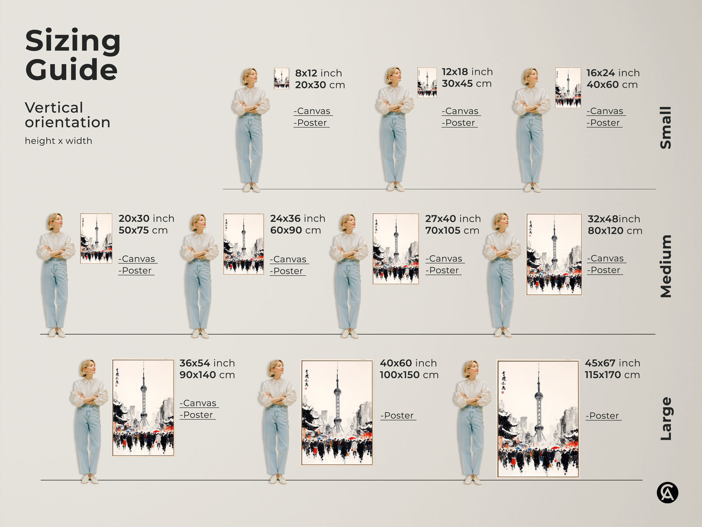 Sizing guide for vertical Shanghai Tower artwork. The prints are available in canvas and poster options. Sizes range from small to large. Find the perfect size to fit your space and decor style.