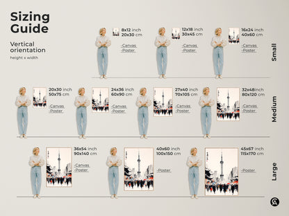 Sizing guide for vertical Shanghai Tower artwork. The prints are available in canvas and poster options. Sizes range from small to large. Find the perfect size to fit your space and decor style.
