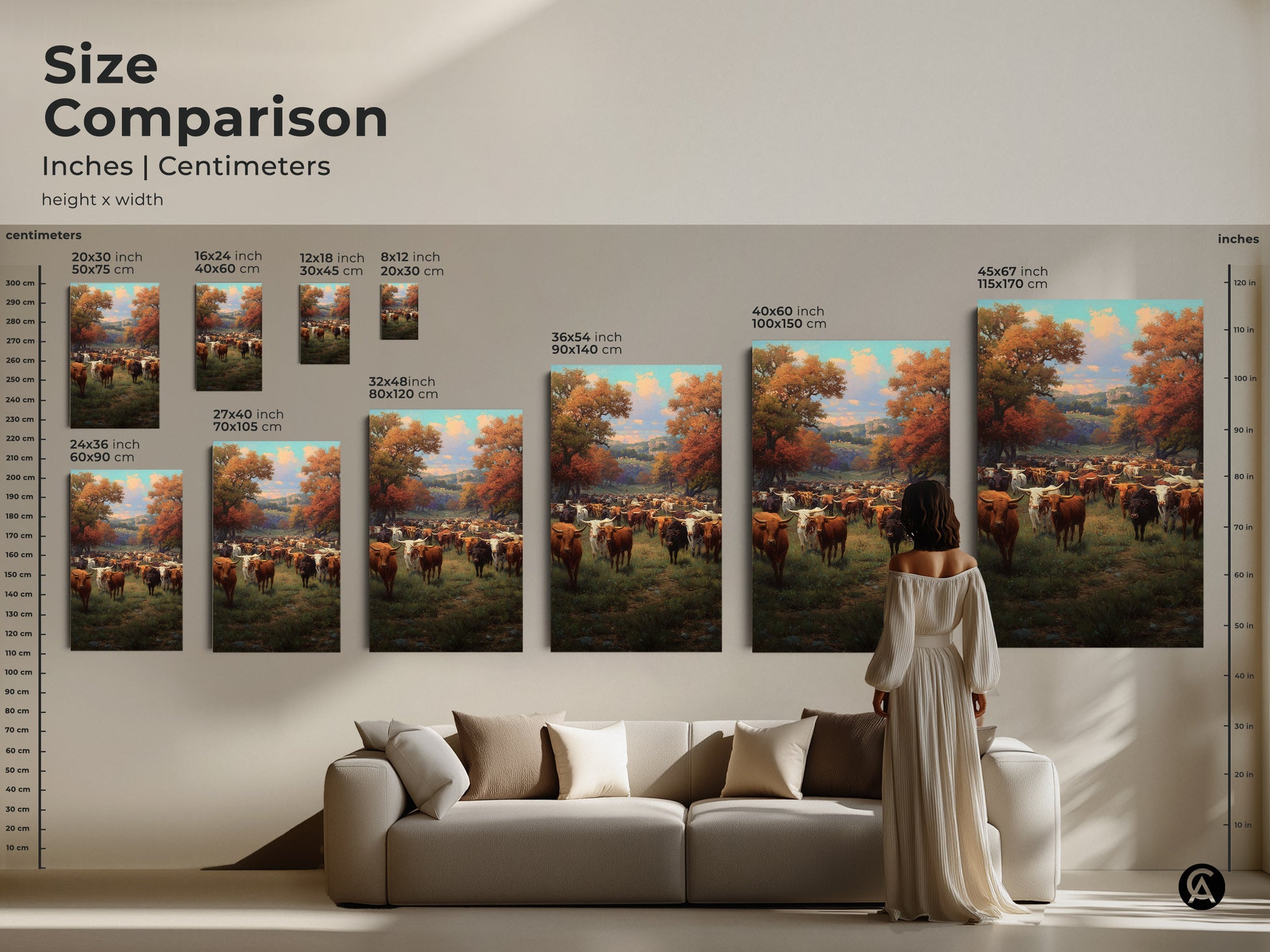 Size comparison showcasing inches and centimeters of the longhorn cattle canvas. This artwork ranges from small to extra large. This fall foliage art is perfect for rustic living room artwork. Enhance your home with this nature landscape print.