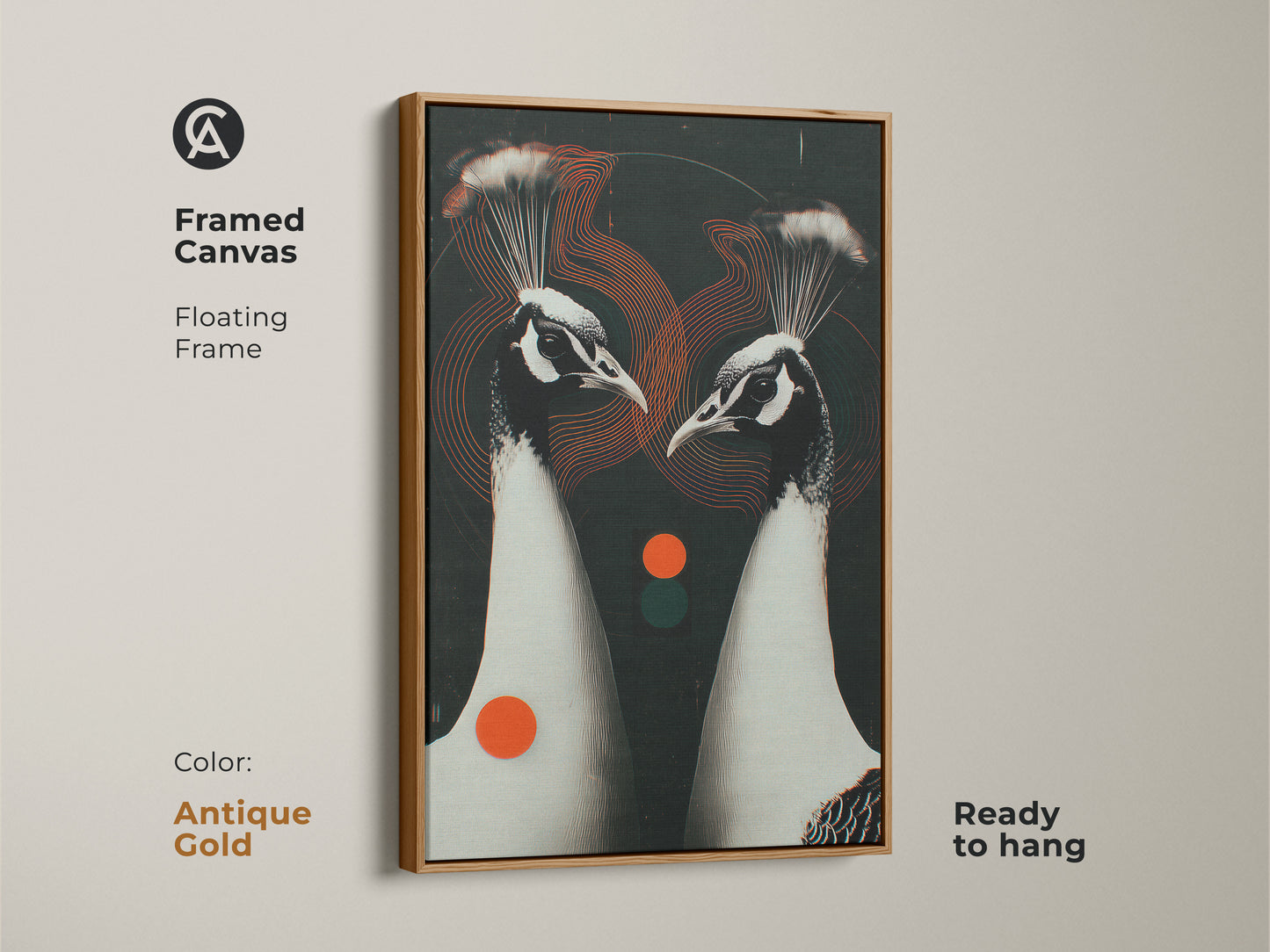 Antique Gold framed canvas featuring a Geometric Peacock Couple. This floating frame artwork is ready to hang. The animal art decor has contemporary black white and red accents. Ideal for a modern living room.