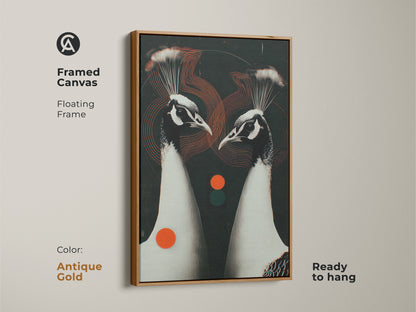 Antique Gold framed canvas featuring a Geometric Peacock Couple. This floating frame artwork is ready to hang. The animal art decor has contemporary black white and red accents. Ideal for a modern living room.
