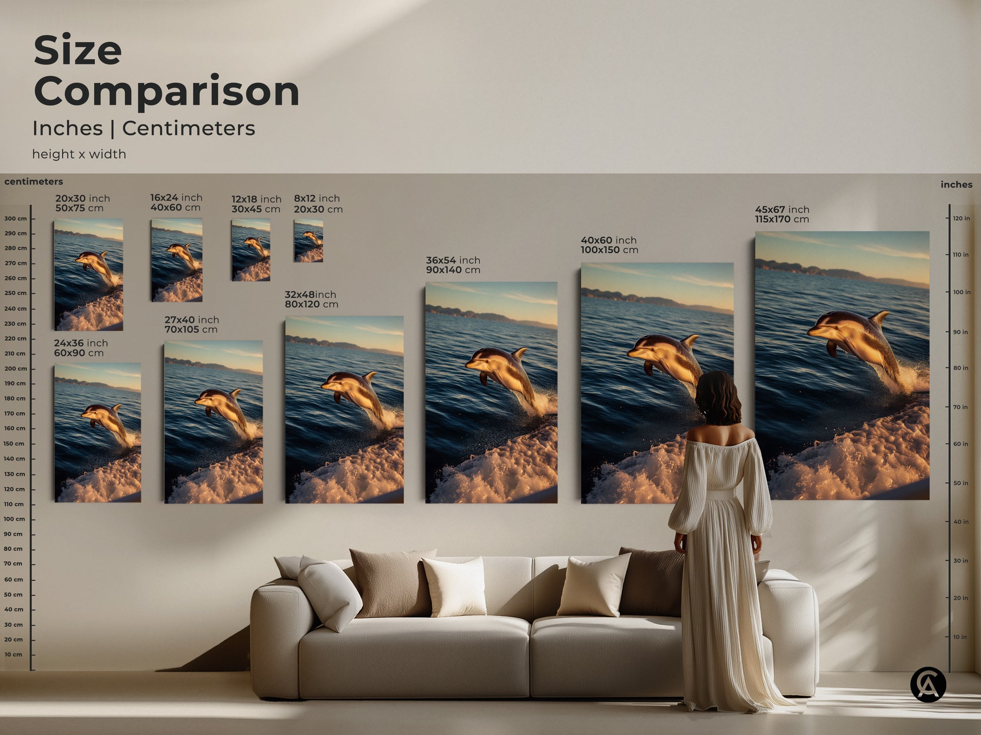 Size comparison of coastal ocean canvas prints in inches and centimeters. See how the dolphin leaping artwork fits above a sofa. Choose from various sizes to suit your wall decor needs. Perfect for adding a nautical themed touch to your home.