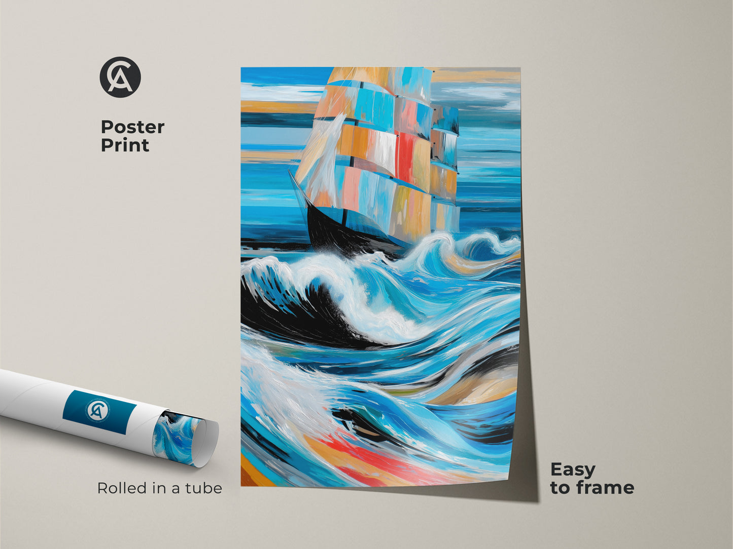 See this striking poster print of an abstract nautical scene. A colorful ocean seascape is easy to frame. It features a sailboat braving stormy waves. Great housewarming gift for sailors.