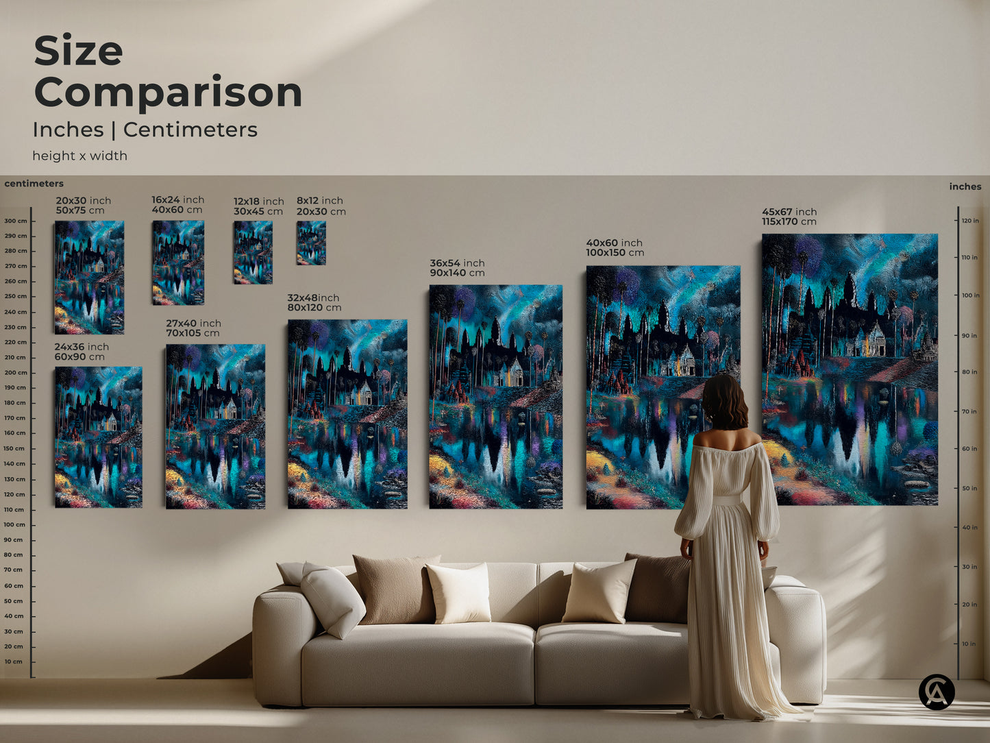 Size comparison of Angkor Wat artwork in inches and centimeters. The canvas print stands out above a sofa. Explore various sizes to suit different wall spaces. Choose the ideal scale. Deep blue and teal artwork enhances your living room decor.